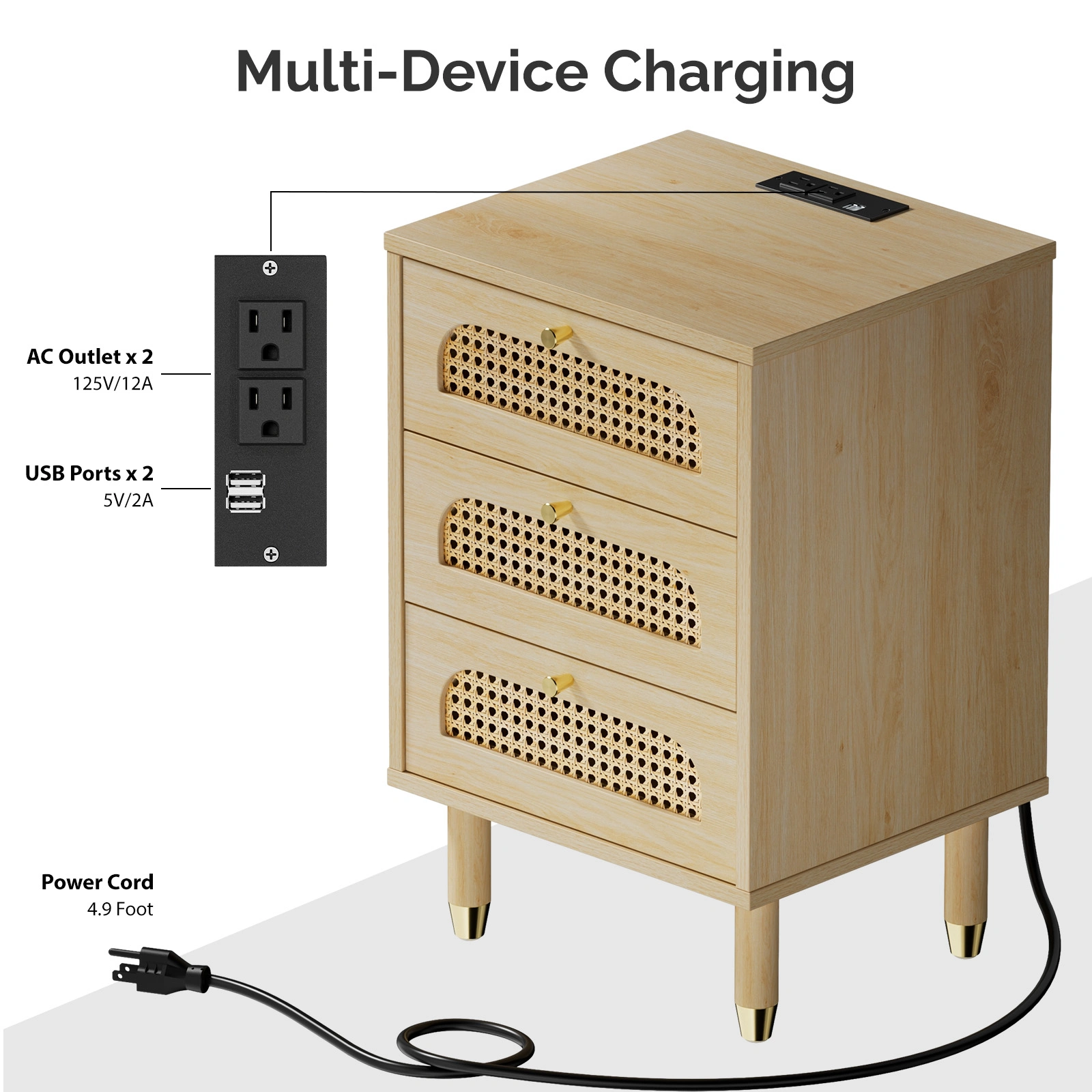 3-Drawer Nightstand with Rattan-Style Finish 15.75"*13.78"*23.82" with Power Outlet Oak view 8