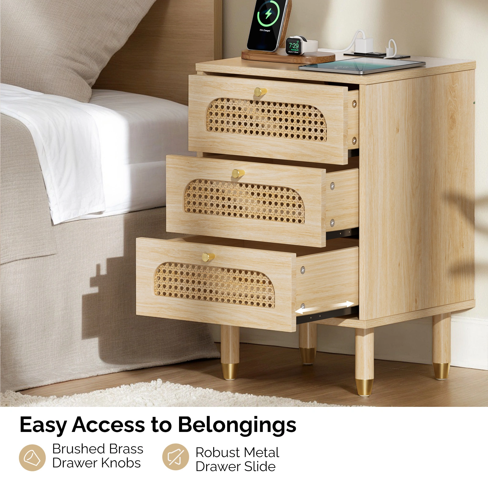 3-Drawer Nightstand with Rattan-Style Finish 15.75"*13.78"*23.82" with Power Outlet Oak view 9