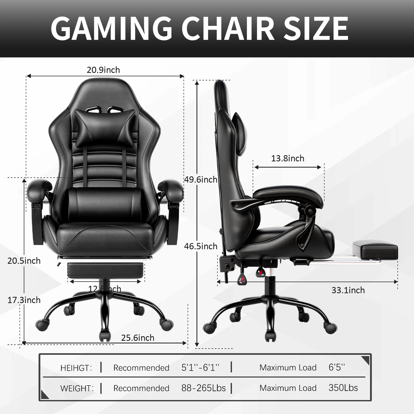 Gaming Chair with Footrest, Ergonomic Recliner Computer Chair with Adjustable Lumbar Pillow & Headrest, PU Office Desk Chair for Adults and Kids view 2