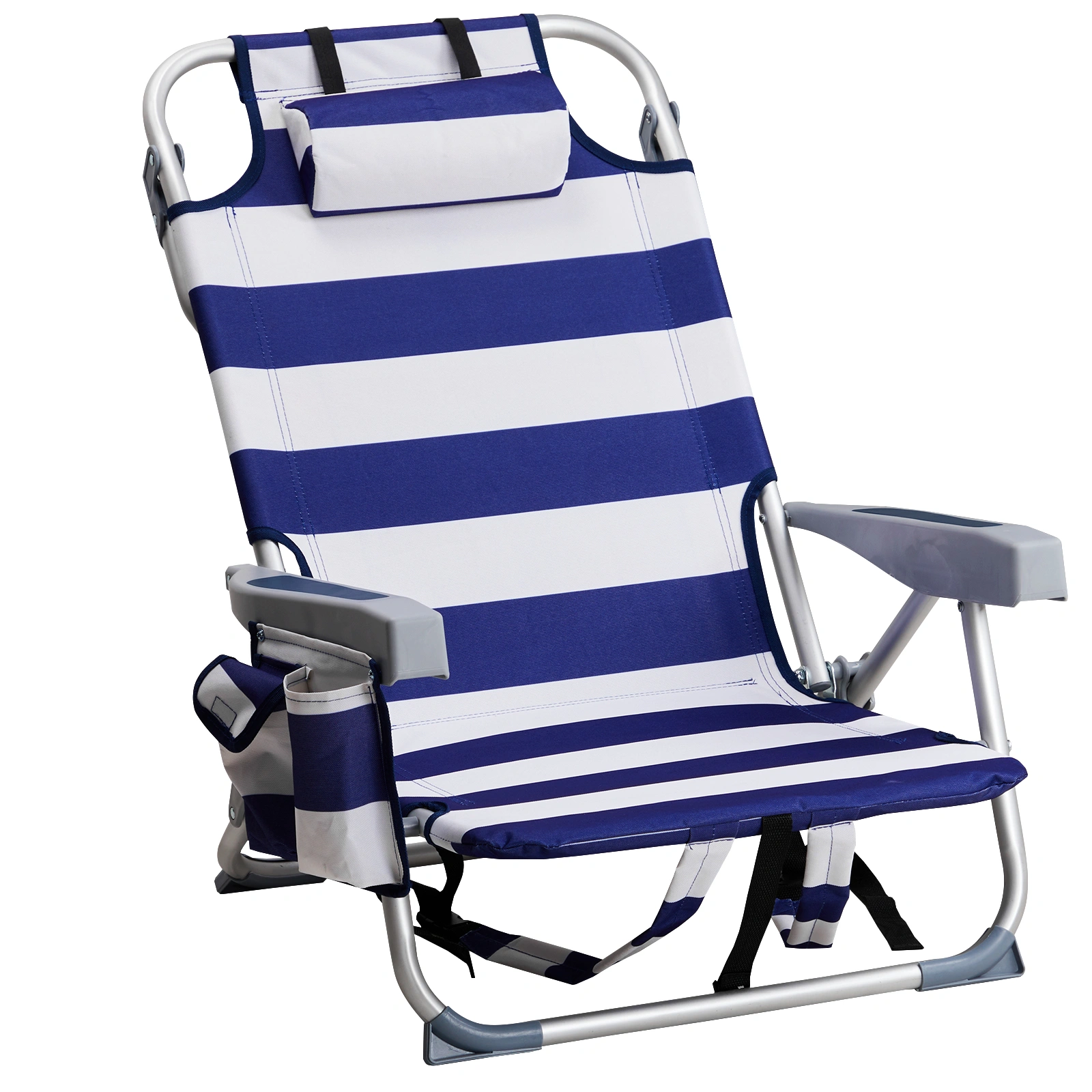 Blue White Striped Aluminum Beach Chair, Oxford Fabric, 7.9" Seat Height, Silver Frame, 100kg Capacity view 14