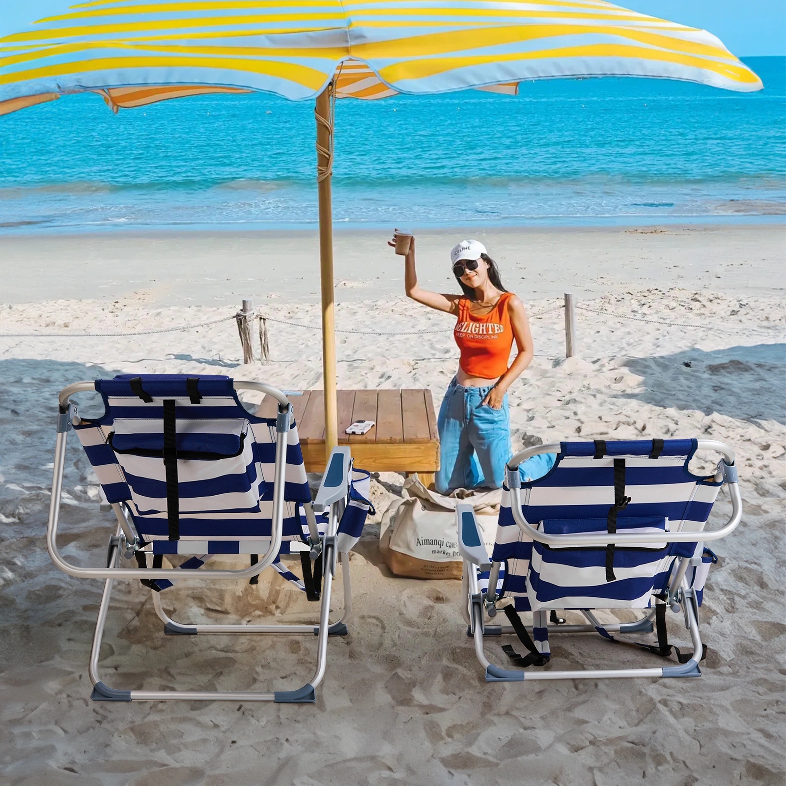 Blue White Striped Aluminum Beach Chair, Oxford Fabric, 7.9" Seat Height, Silver Frame, 100kg Capacity view 15