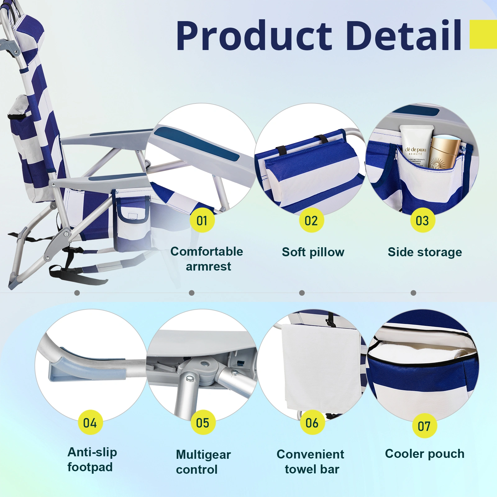 Blue White Striped Aluminum Beach Chair, Oxford Fabric, 7.9" Seat Height, Silver Frame, 100kg Capacity view 2