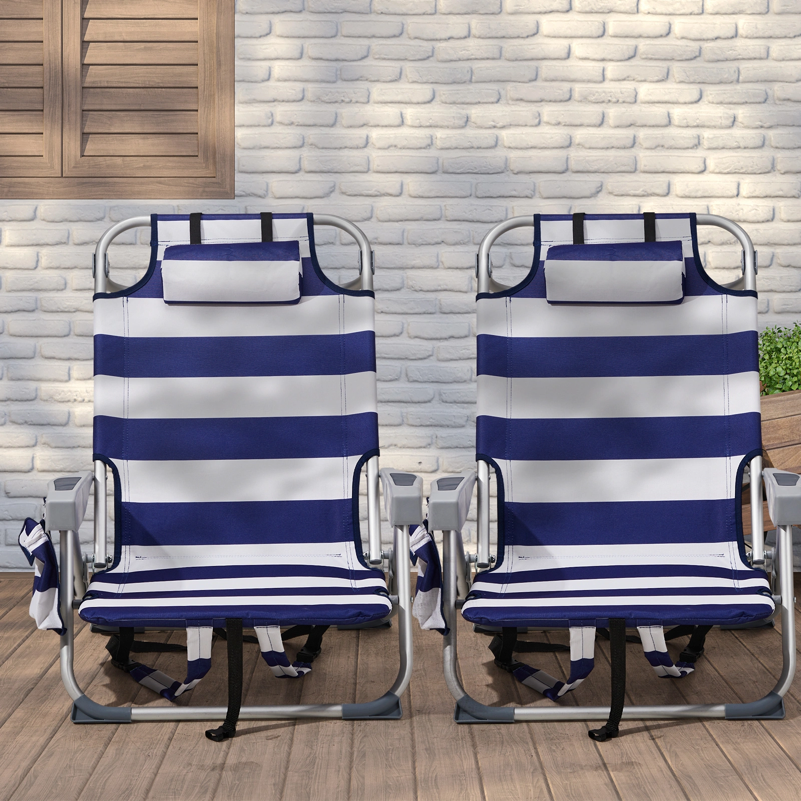 Blue White Striped Aluminum Beach Chair, Oxford Fabric, 7.9" Seat Height, Silver Frame, 100kg Capacity view 21