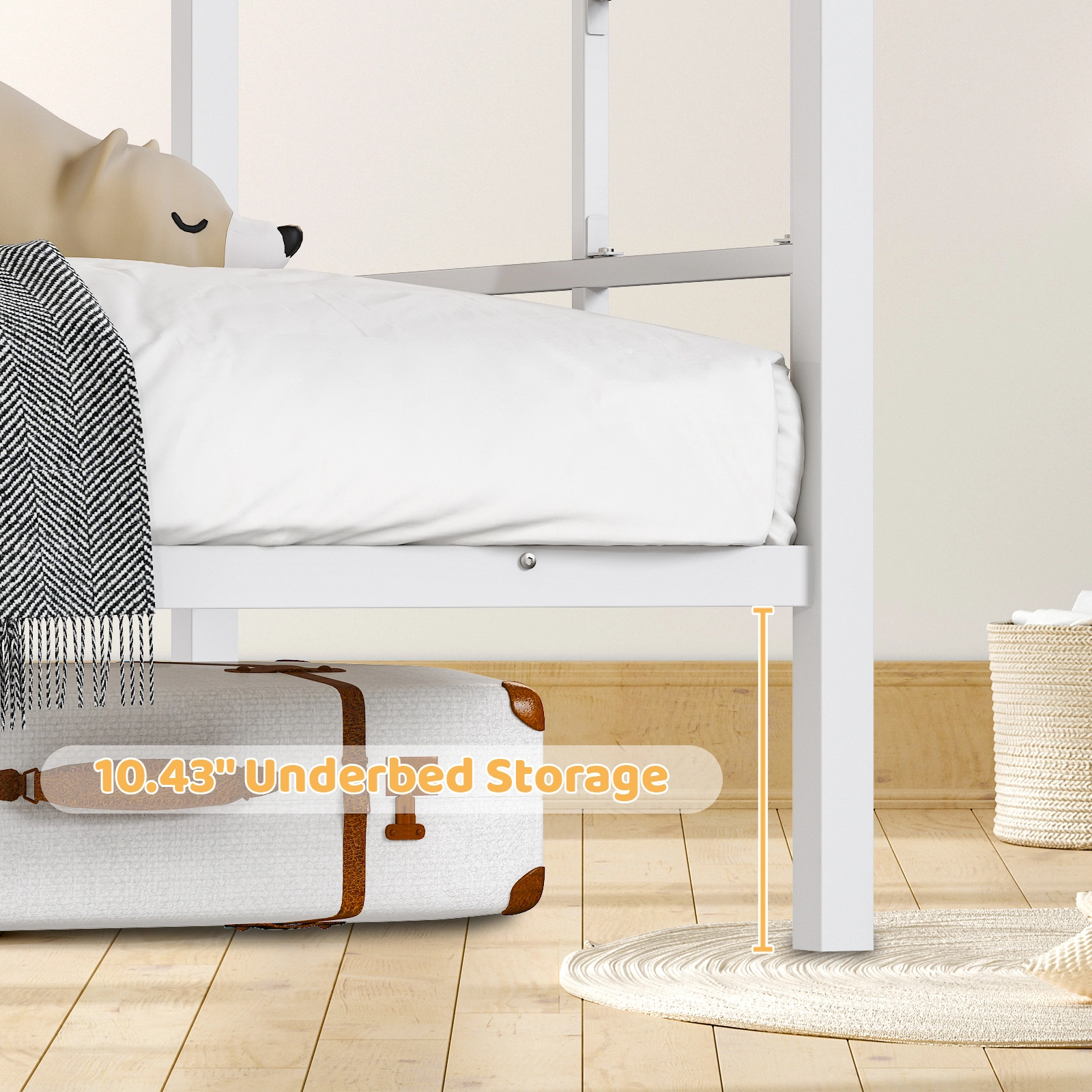 White Twin Bunk Bed Square Tube High Guardrail Side Ladder Opening Iron Bed view 10