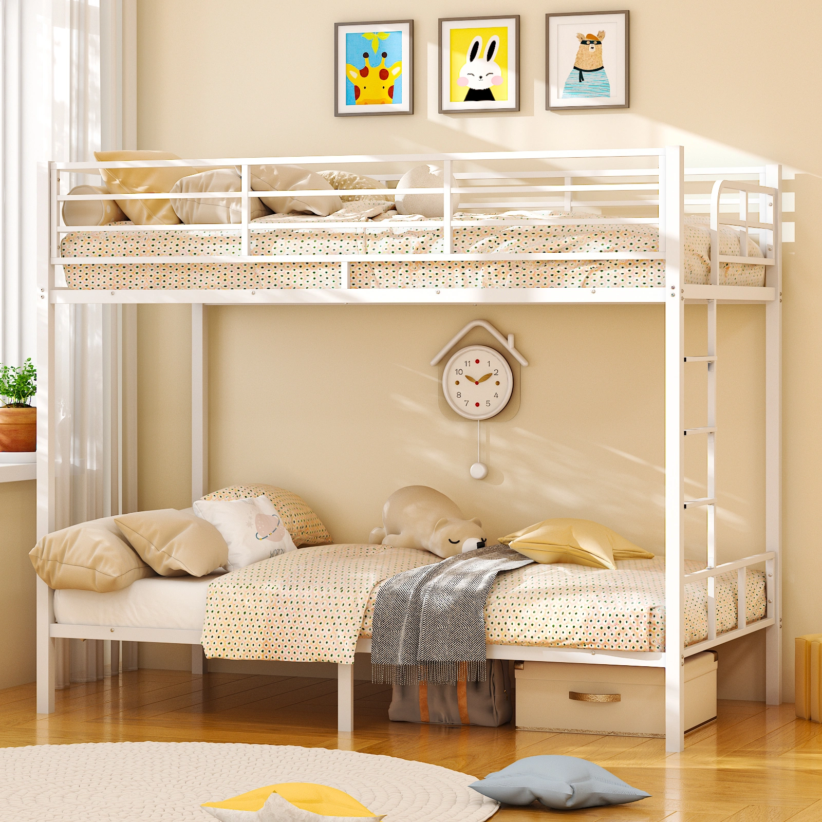 White Twin Bunk Bed Square Tube High Guardrail Side Ladder Opening Iron Bed view 12