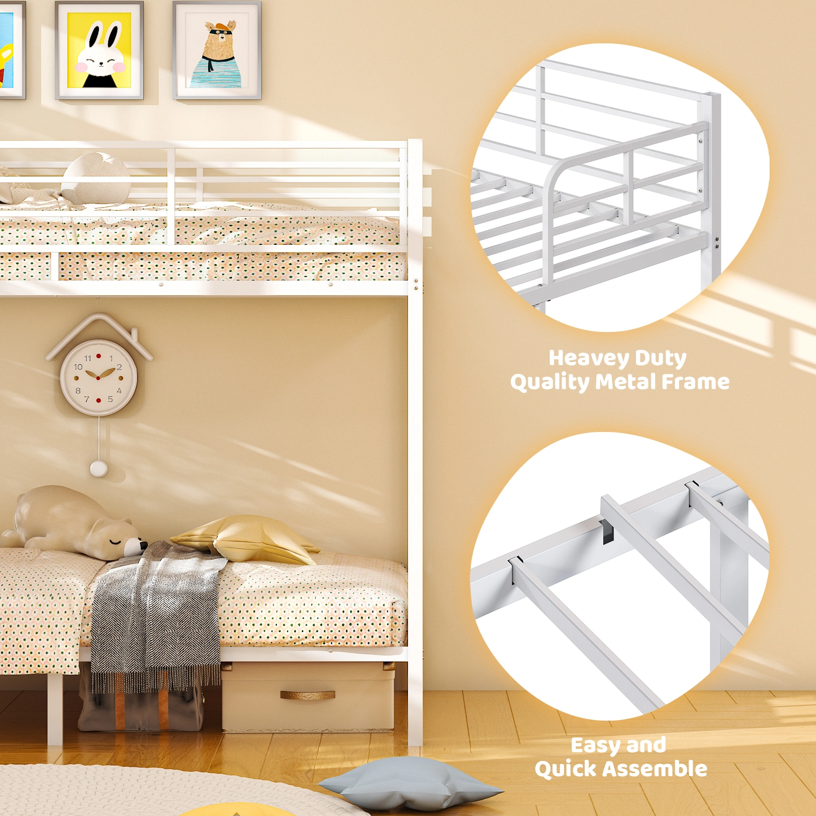 White Twin Bunk Bed Square Tube High Guardrail Side Ladder Opening Iron Bed view 13