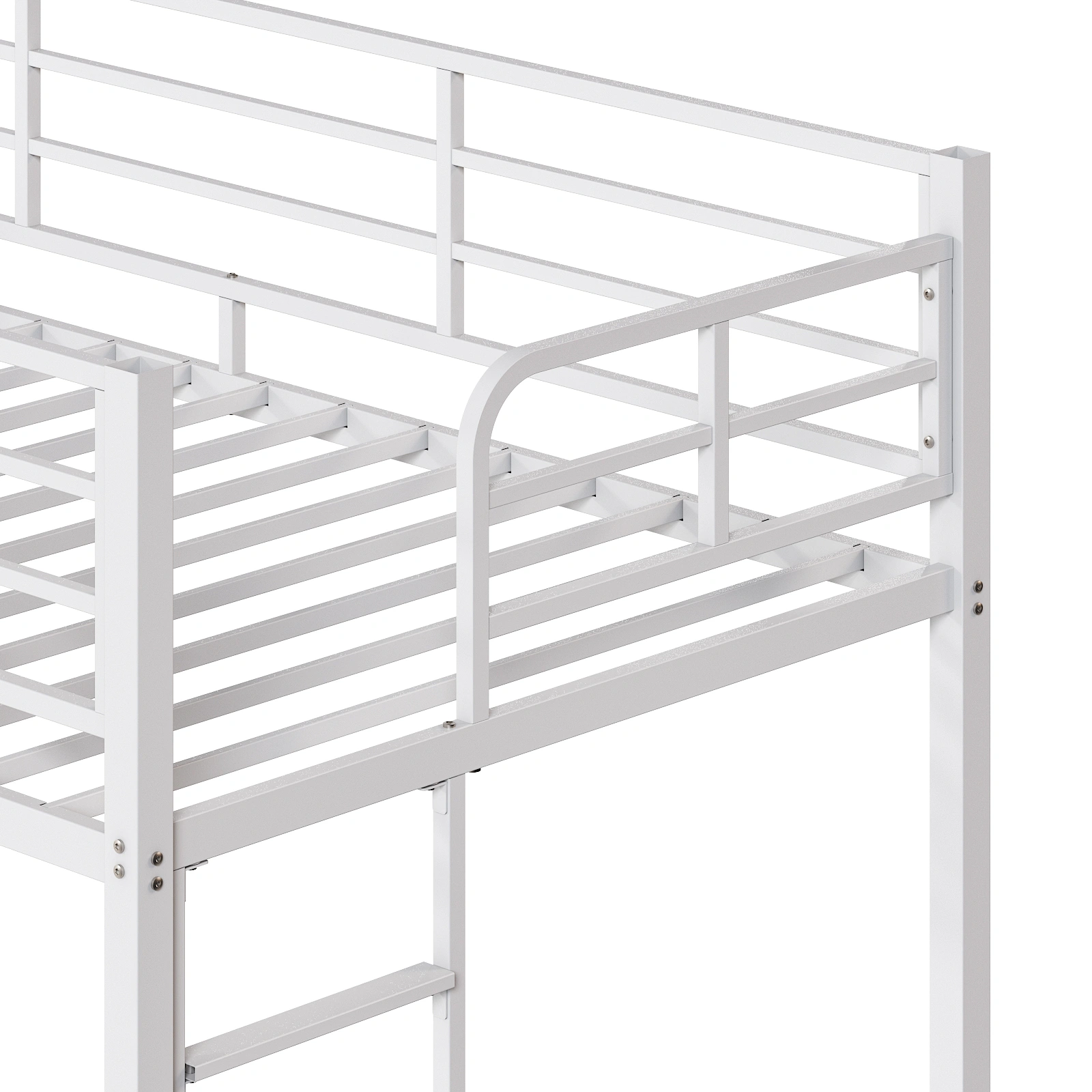 White Twin Bunk Bed Square Tube High Guardrail Side Ladder Opening Iron Bed view 4