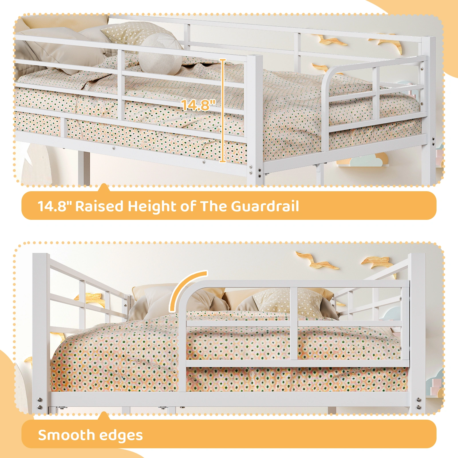 White Twin Bunk Bed Square Tube High Guardrail Side Ladder Opening Iron Bed view 7