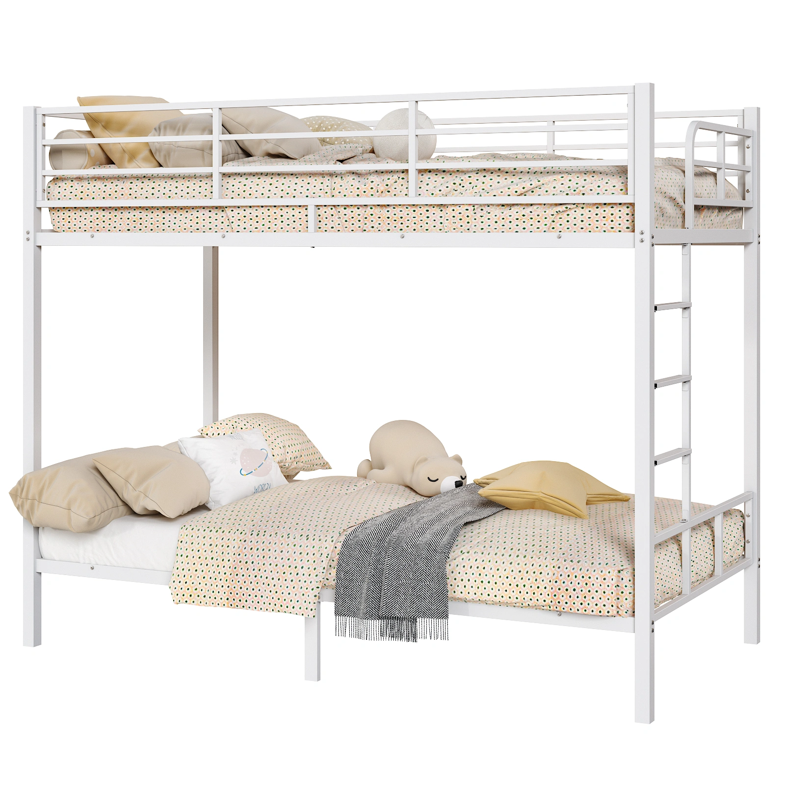 White Twin Bunk Bed Square Tube High Guardrail Side Ladder Opening Iron Bed view 8