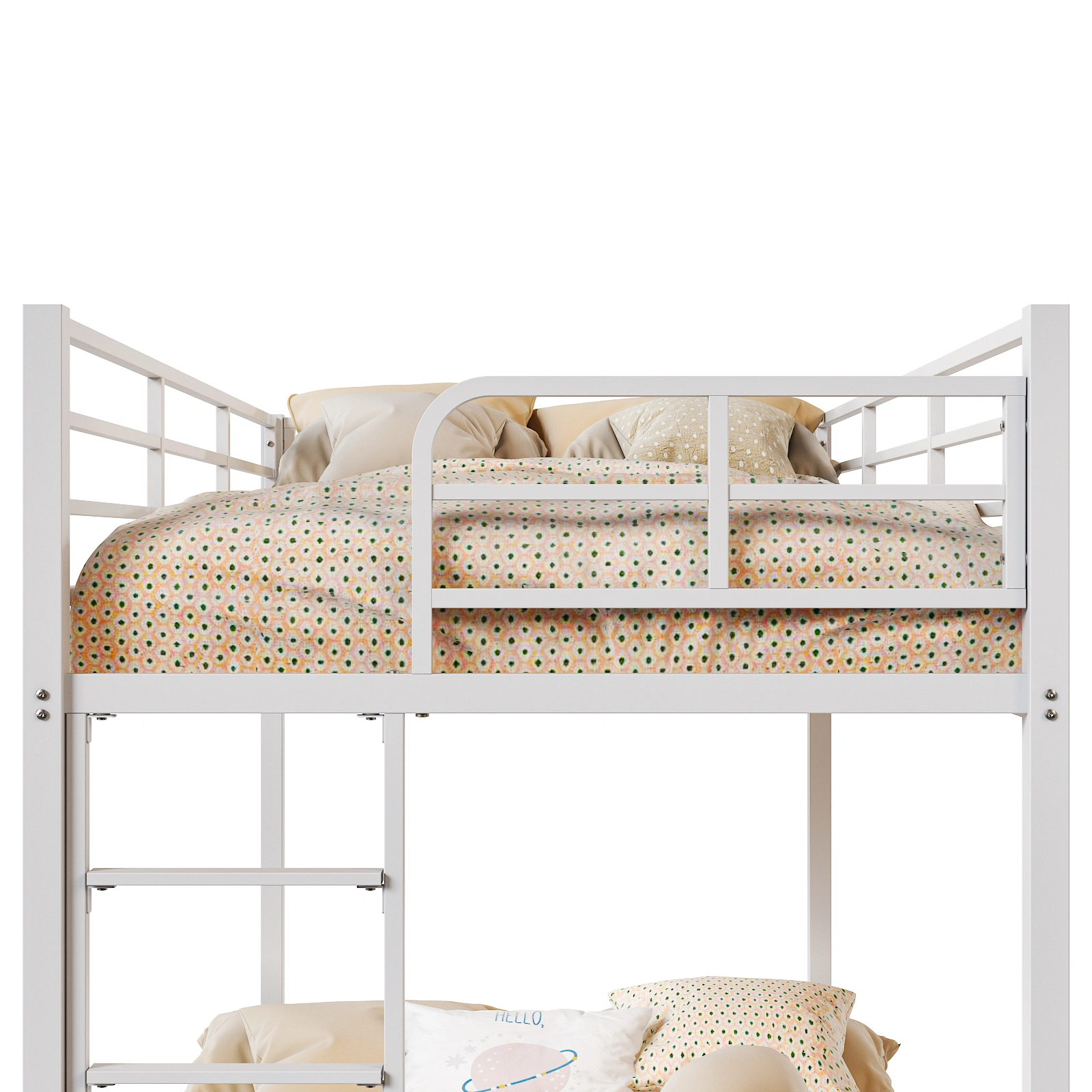 White Twin Bunk Bed Square Tube High Guardrail Side Ladder Opening Iron Bed view 9