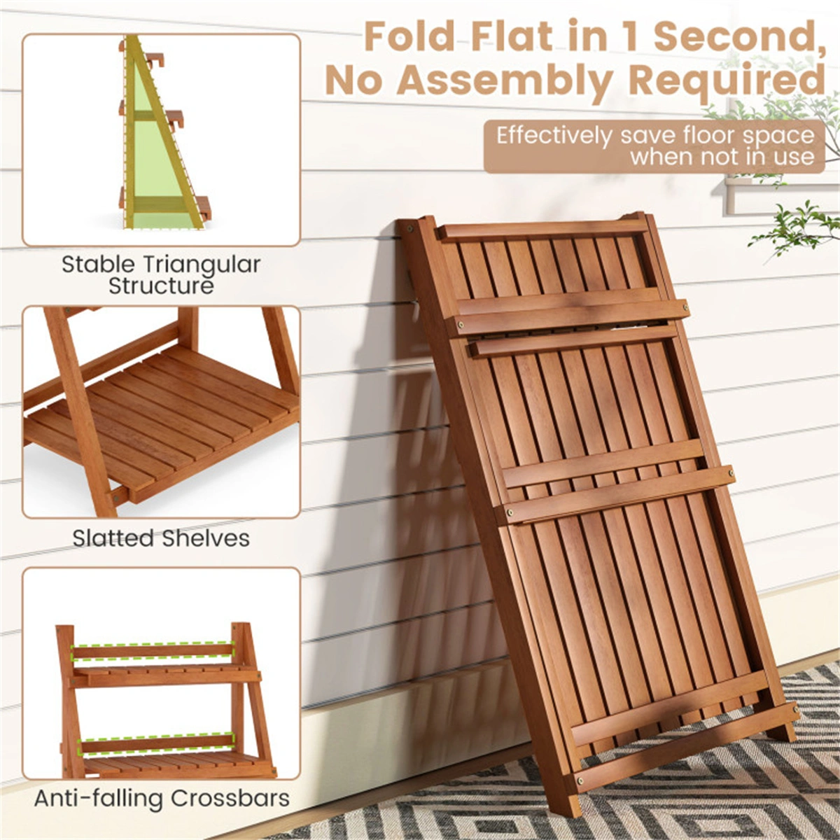 Acacia Wood 3-Tier Ladder Plant Stand, Foldable Indoor Outdoor Display Rack view 10