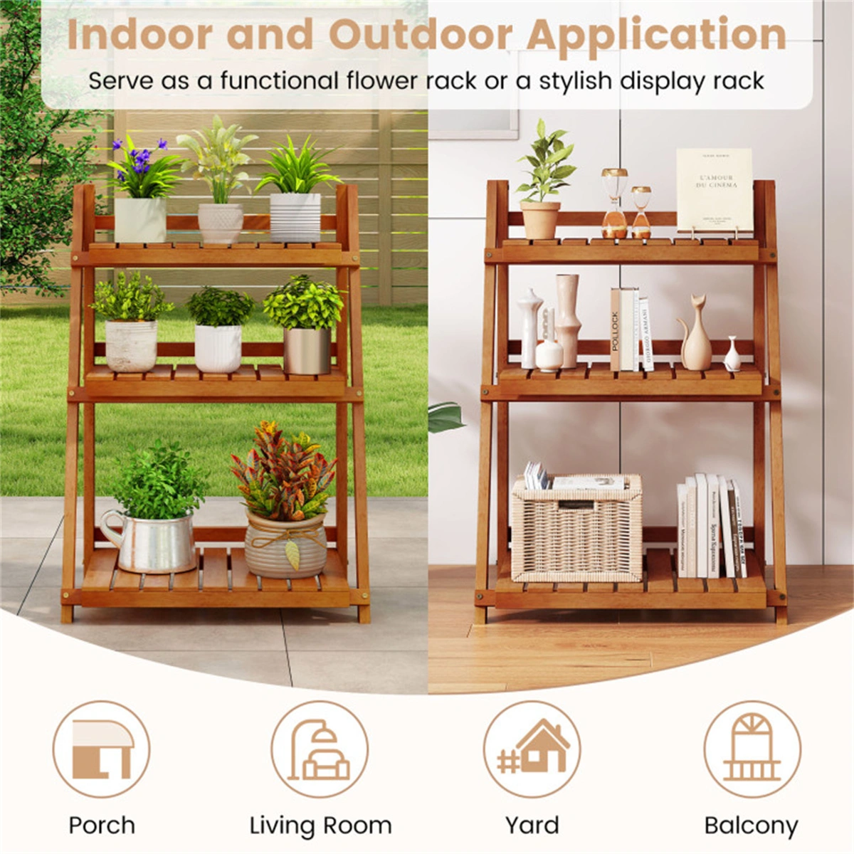 Acacia Wood 3-Tier Ladder Plant Stand, Foldable Indoor Outdoor Display Rack view 11