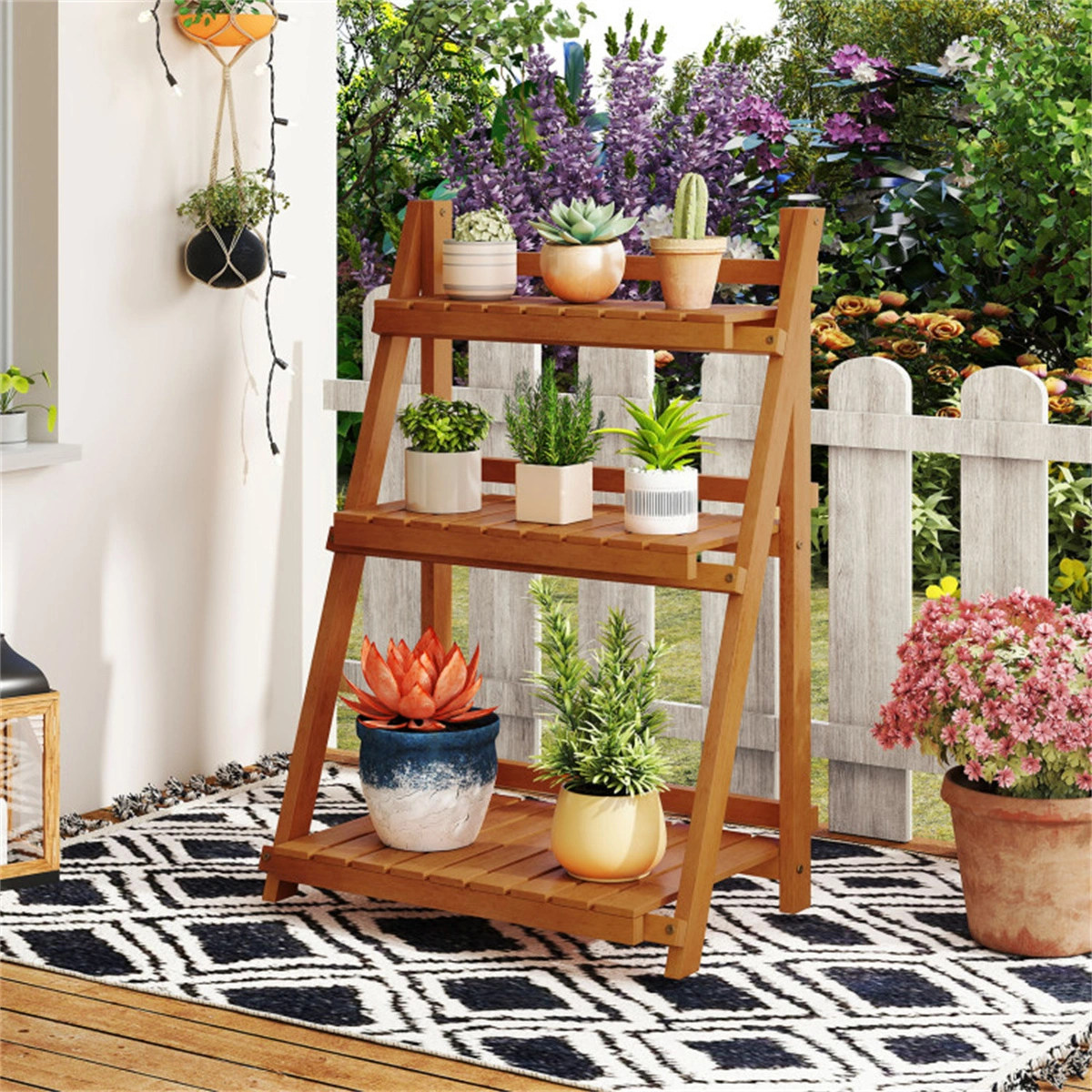 Acacia Wood 3-Tier Ladder Plant Stand, Foldable Indoor Outdoor Display Rack view 12