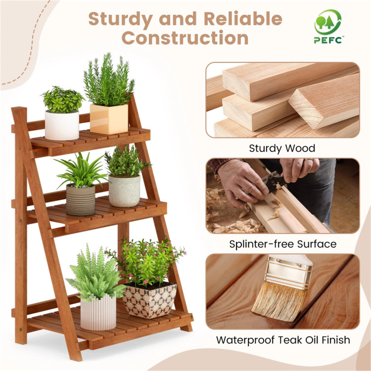 Acacia Wood 3-Tier Ladder Plant Stand, Foldable Indoor Outdoor Display Rack view 9