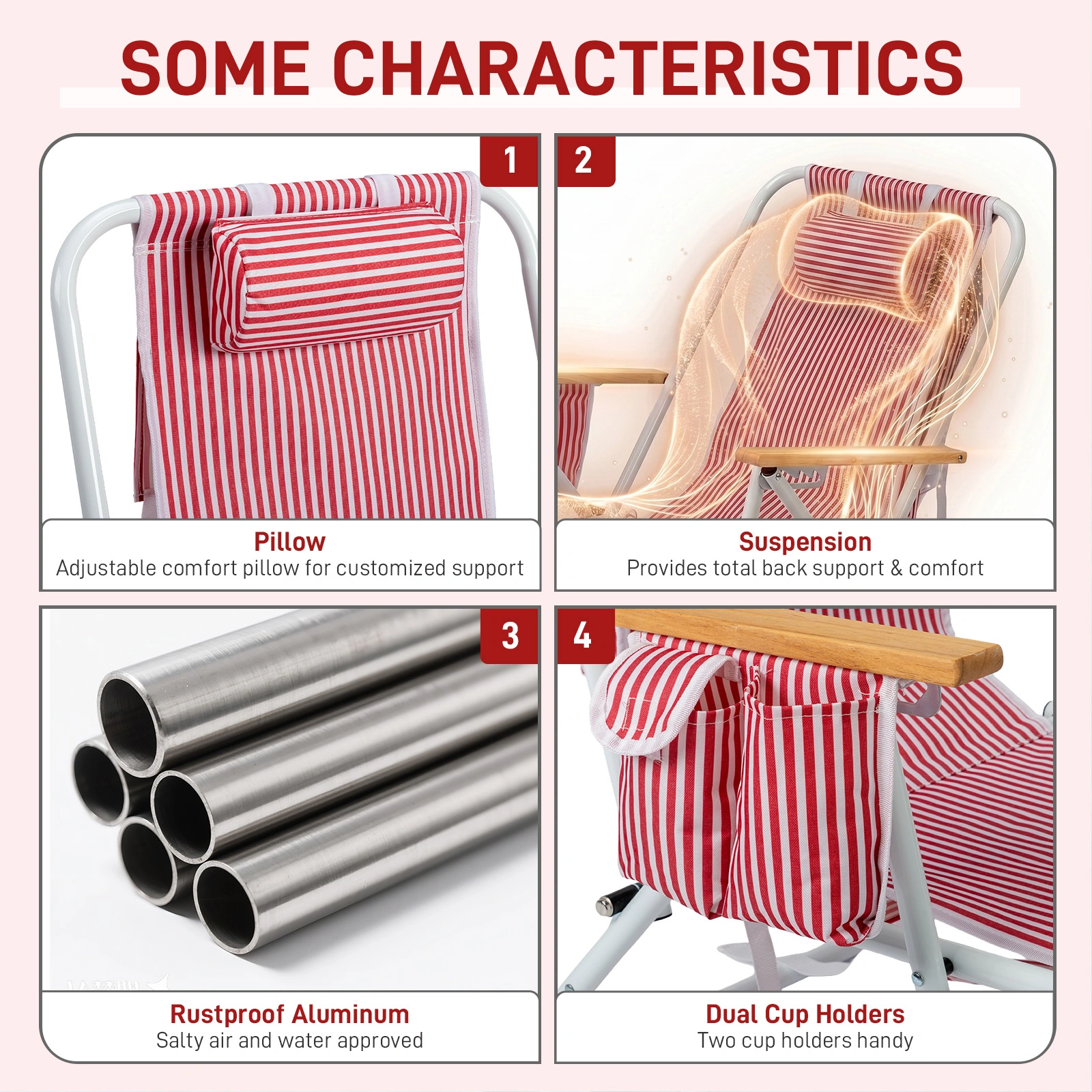 4-Position Adjustable Backpack Beach Chair, Foldable Rustproof Aluminum Frame Lounge Chair with Wooden Armrest, Side Storage Pockets & Detachable Pillow, 24"×22"×37" Outdoor Patio Camping Lawn Chair Holds up to 265 LBS, Red White Vertical Stripe view 10