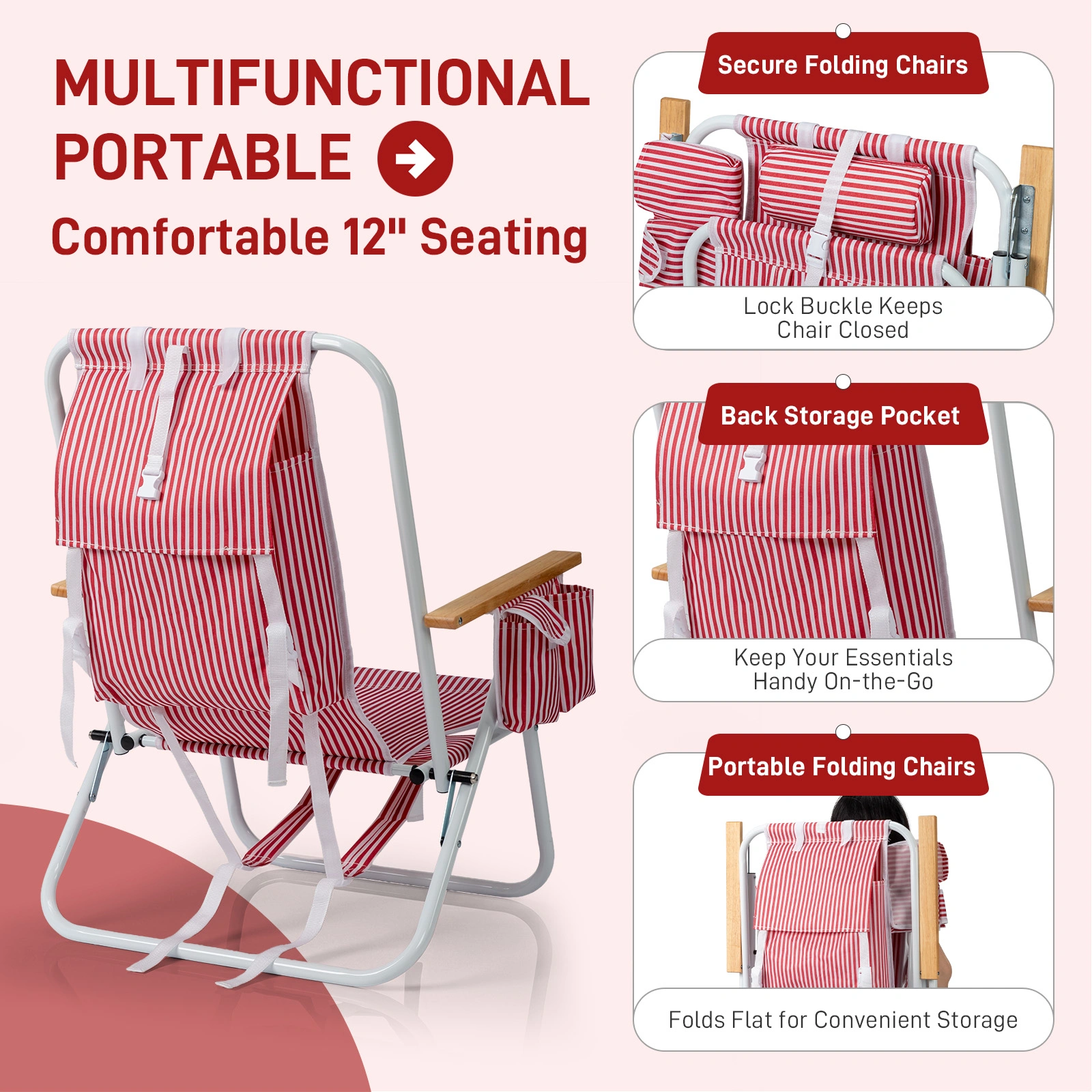 4-Position Adjustable Backpack Beach Chair, Foldable Rustproof Aluminum Frame Lounge Chair with Wooden Armrest, Side Storage Pockets & Detachable Pillow, 24"×22"×37" Outdoor Patio Camping Lawn Chair Holds up to 265 LBS, Red White Vertical Stripe view 7