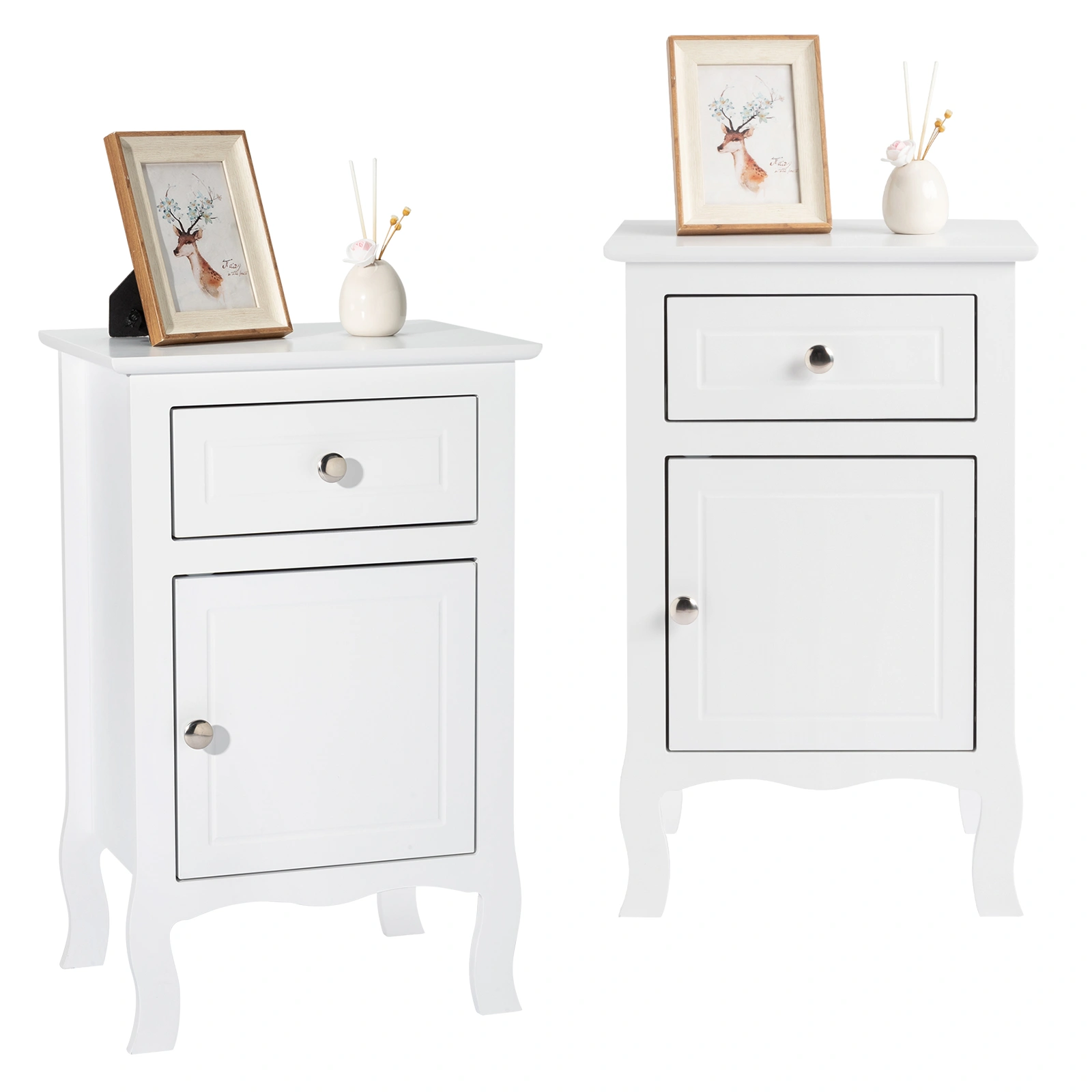 2PCS Country White Nightstands 40x30x63cm, MDF Curved Foot Side Table, 1 Drawer & 1 Door, Spray Paint Finish