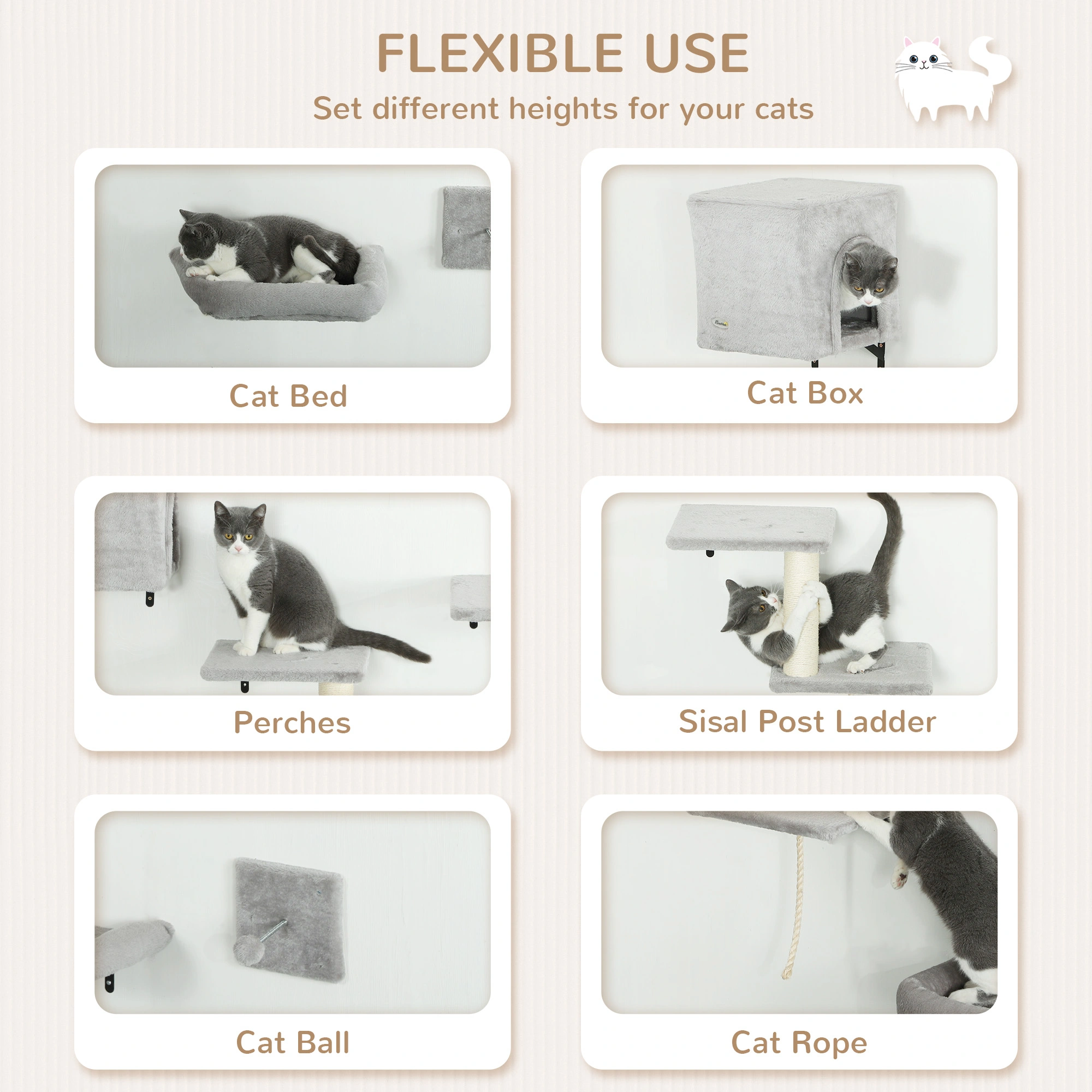 Cat Wall Shelves, 3-Tier Cat Tree Climbing Tower with Scratching Post, Wall Mounted Cat Perch, Space-Saving Cat Activity Center view 2