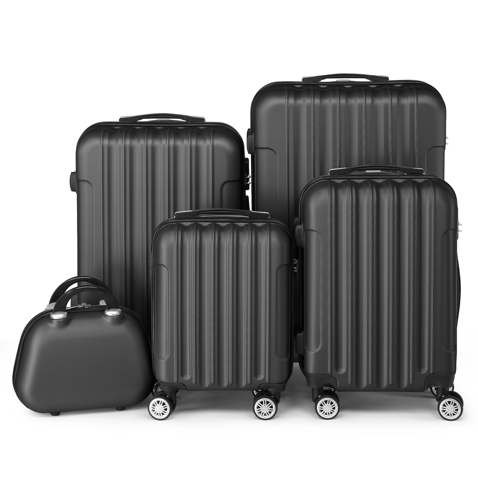 5-Piece Hard Shell ABS Suitcase Set with Cosmetic Case & Vanity Case, Travel Luggage Set, Black view 2