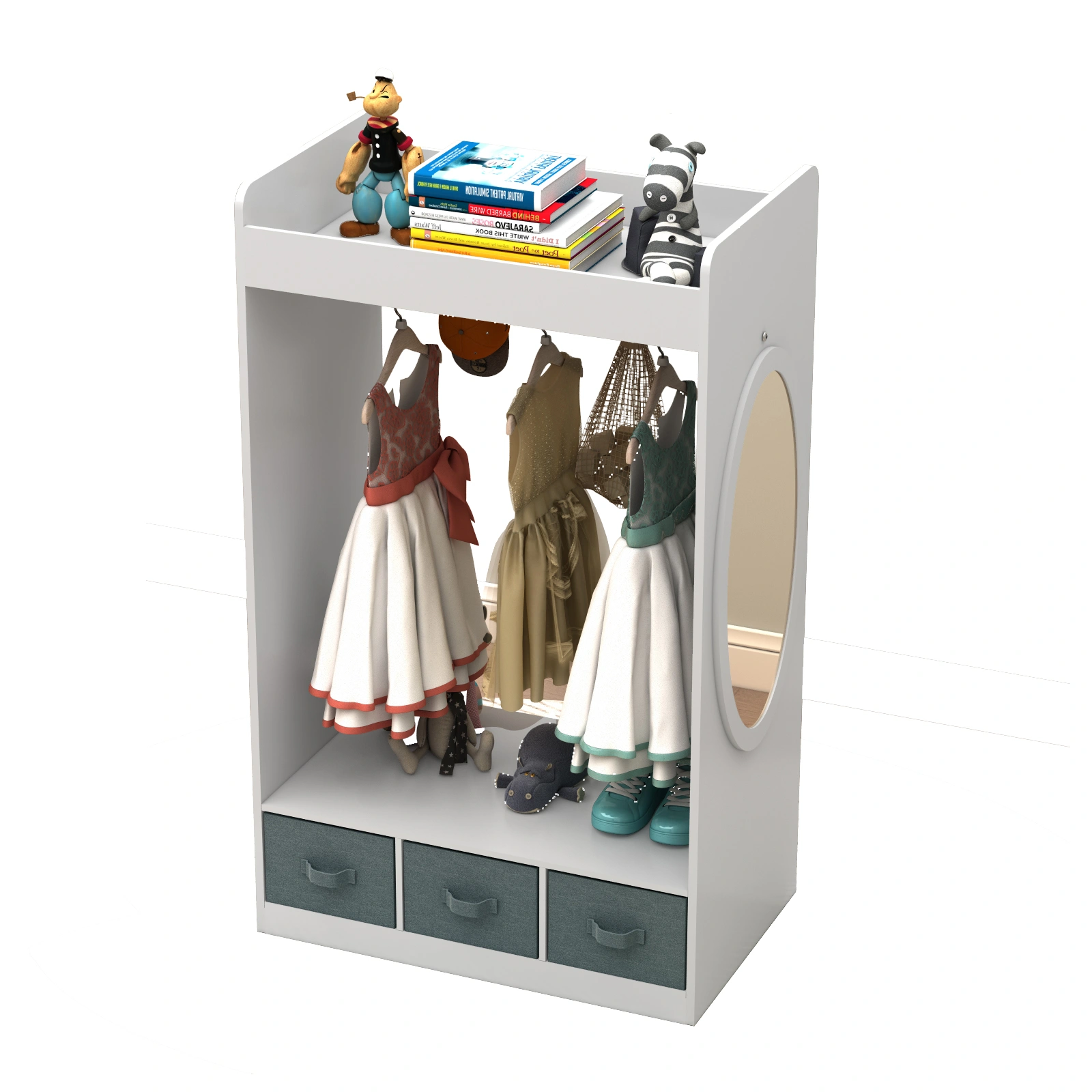 Kids Costume Organizer, Costume Rack, Kids Armoire, Open Hanging Armoire Closet with Mirror-WHITE view 10