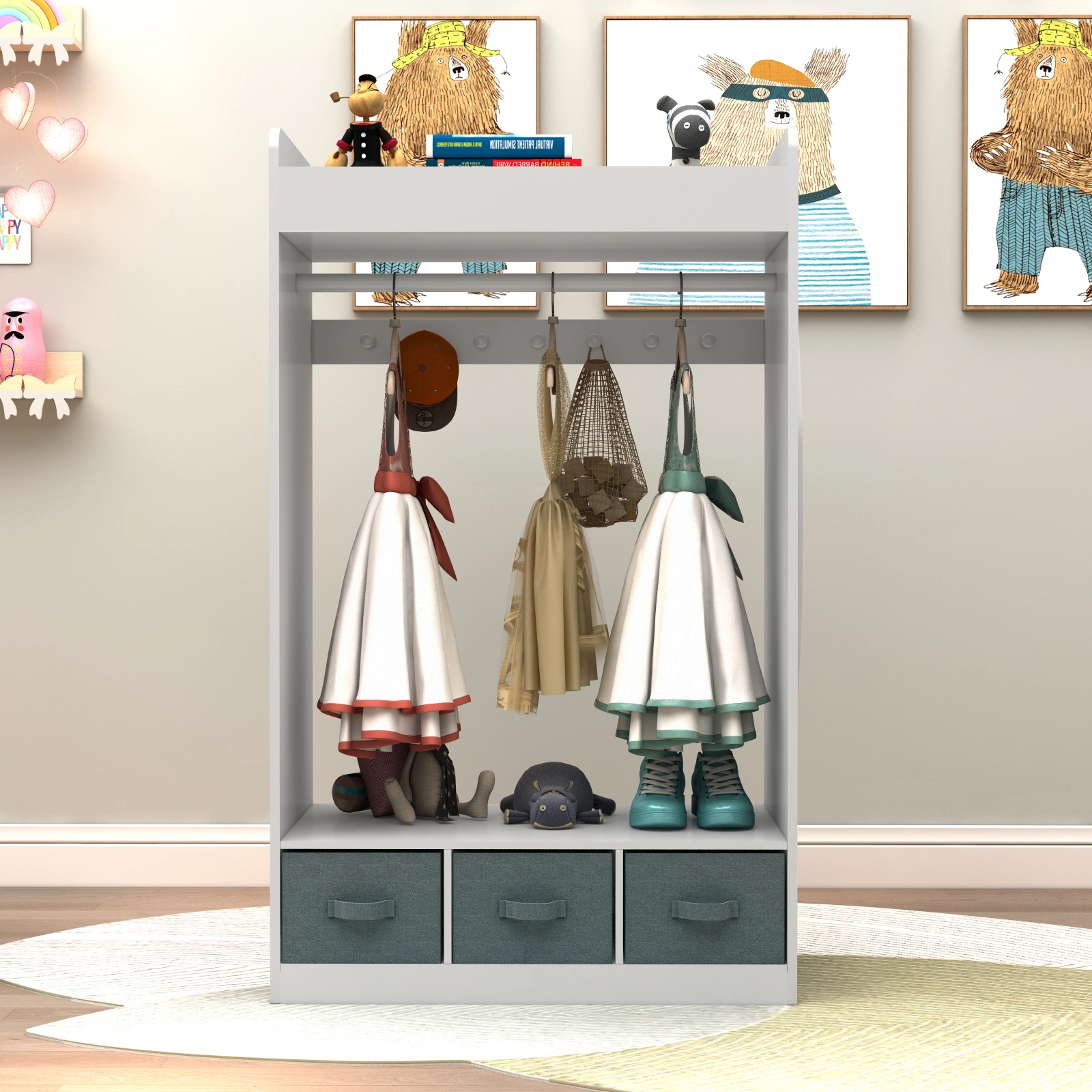 Kids Costume Organizer, Costume Rack, Kids Armoire, Open Hanging Armoire Closet with Mirror-WHITE view 12