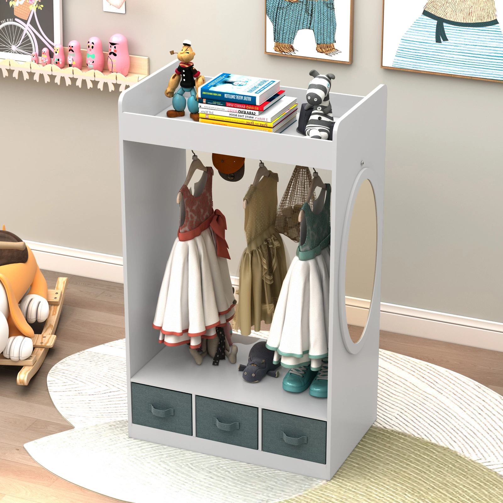 Kids Costume Organizer, Costume Rack, Kids Armoire, Open Hanging Armoire Closet with Mirror-WHITE view 13