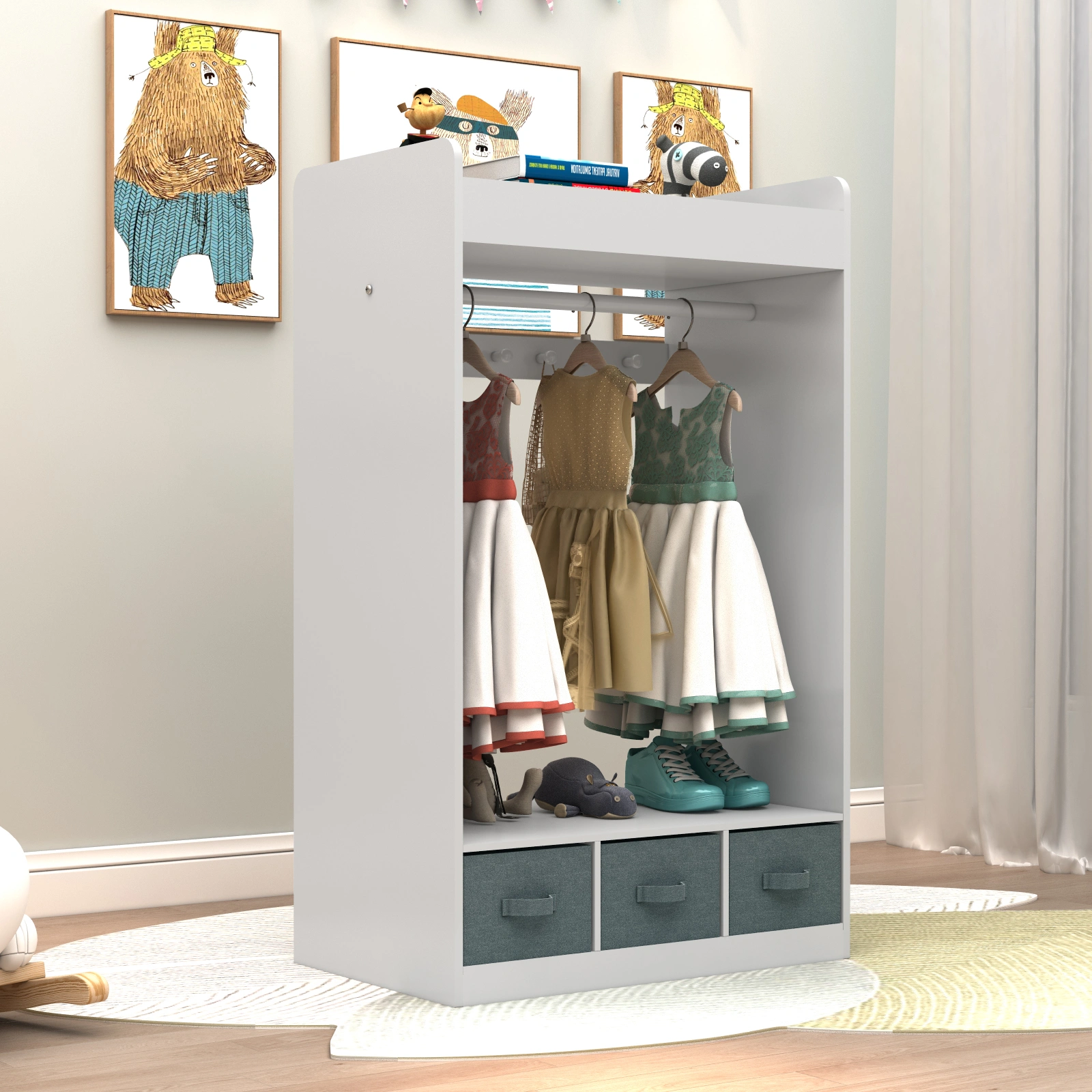 Kids Costume Organizer, Costume Rack, Kids Armoire, Open Hanging Armoire Closet with Mirror-WHITE view 16