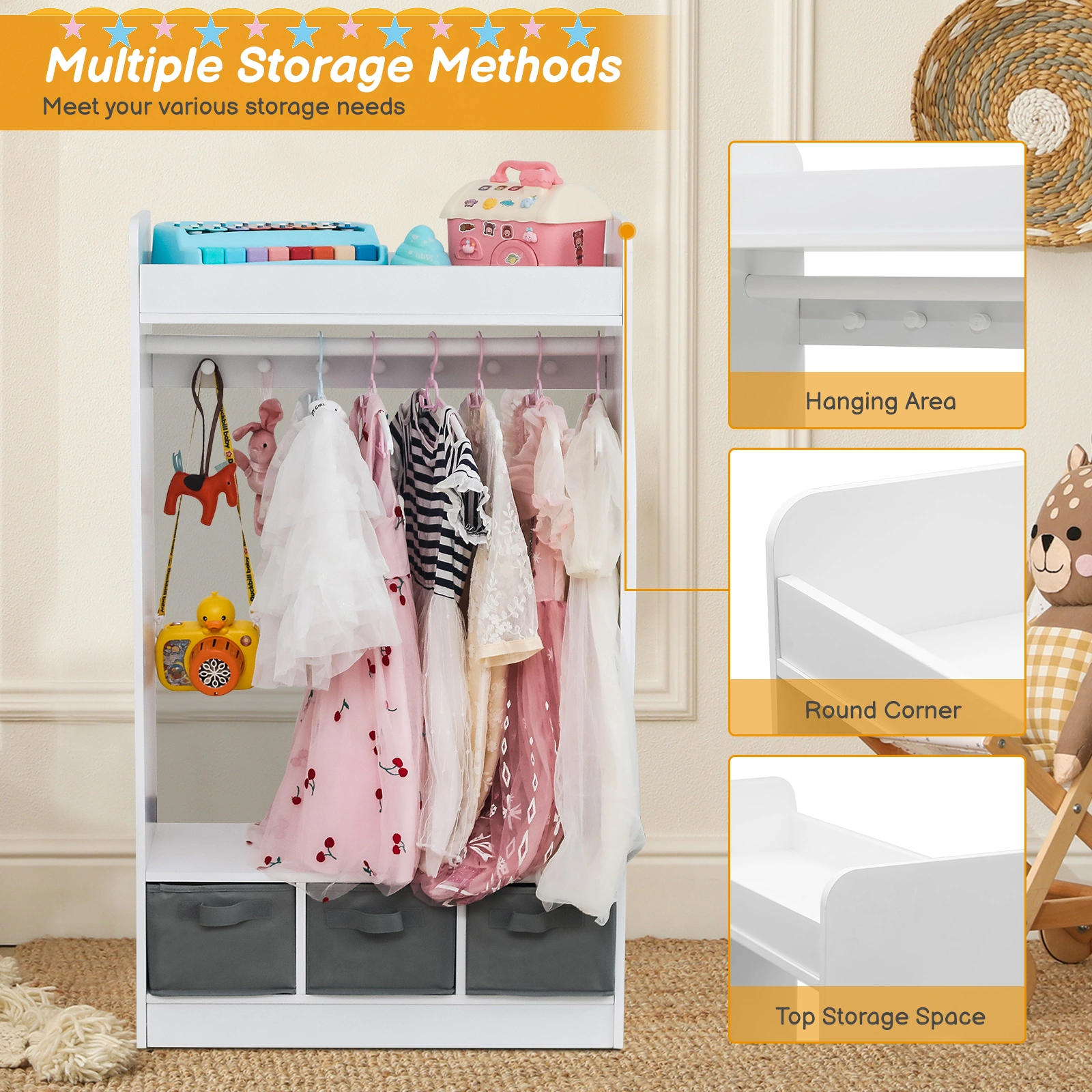 Kids Costume Organizer, Costume Rack, Kids Armoire, Open Hanging Armoire Closet with Mirror-WHITE view 17