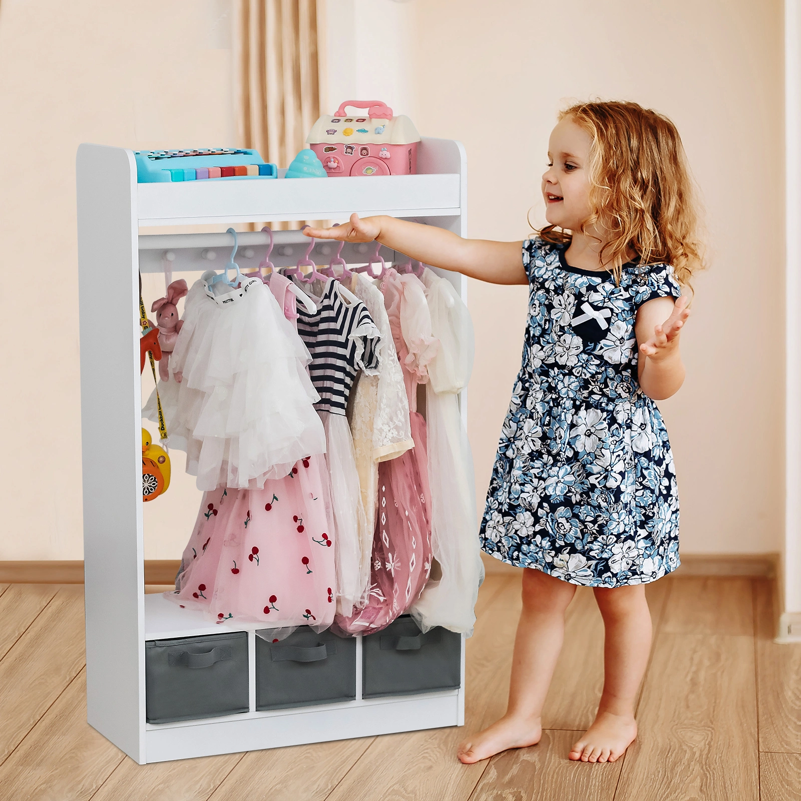 Kids Costume Organizer, Costume Rack, Kids Armoire, Open Hanging Armoire Closet with Mirror-WHITE view 19
