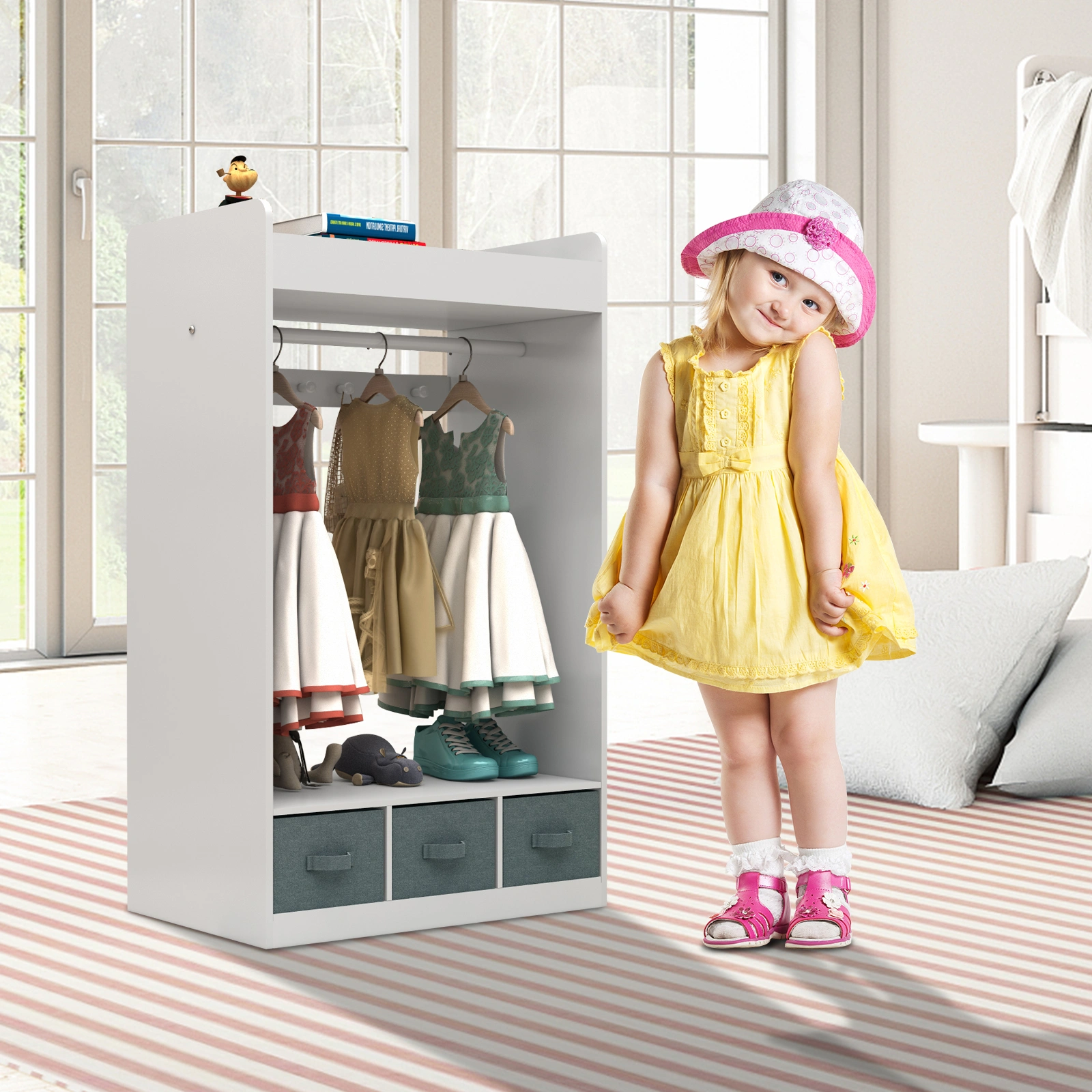 Kids Costume Organizer, Costume Rack, Kids Armoire, Open Hanging Armoire Closet with Mirror-WHITE view 2