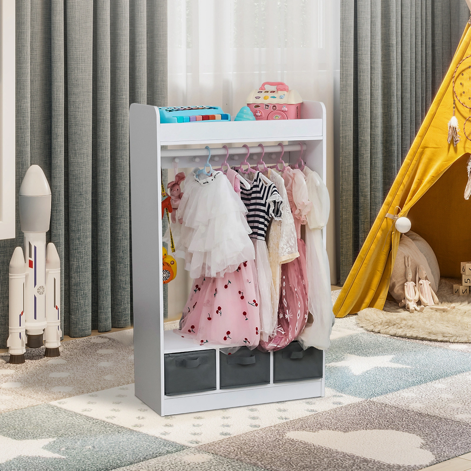 Kids Costume Organizer, Costume Rack, Kids Armoire, Open Hanging Armoire Closet with Mirror-WHITE view 20
