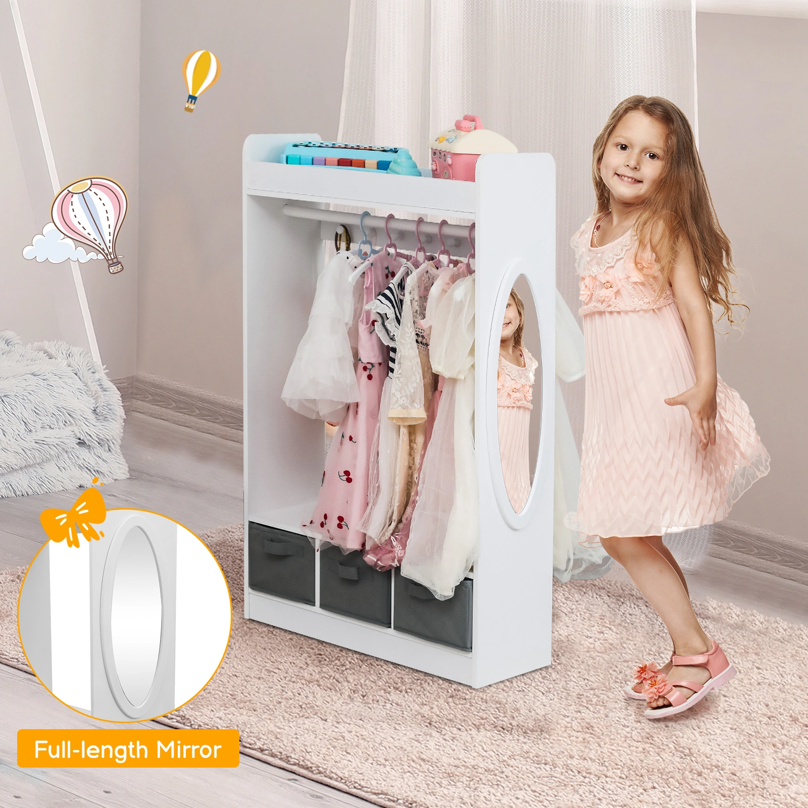 Kids Costume Organizer, Costume Rack, Kids Armoire, Open Hanging Armoire Closet with Mirror-WHITE view 21