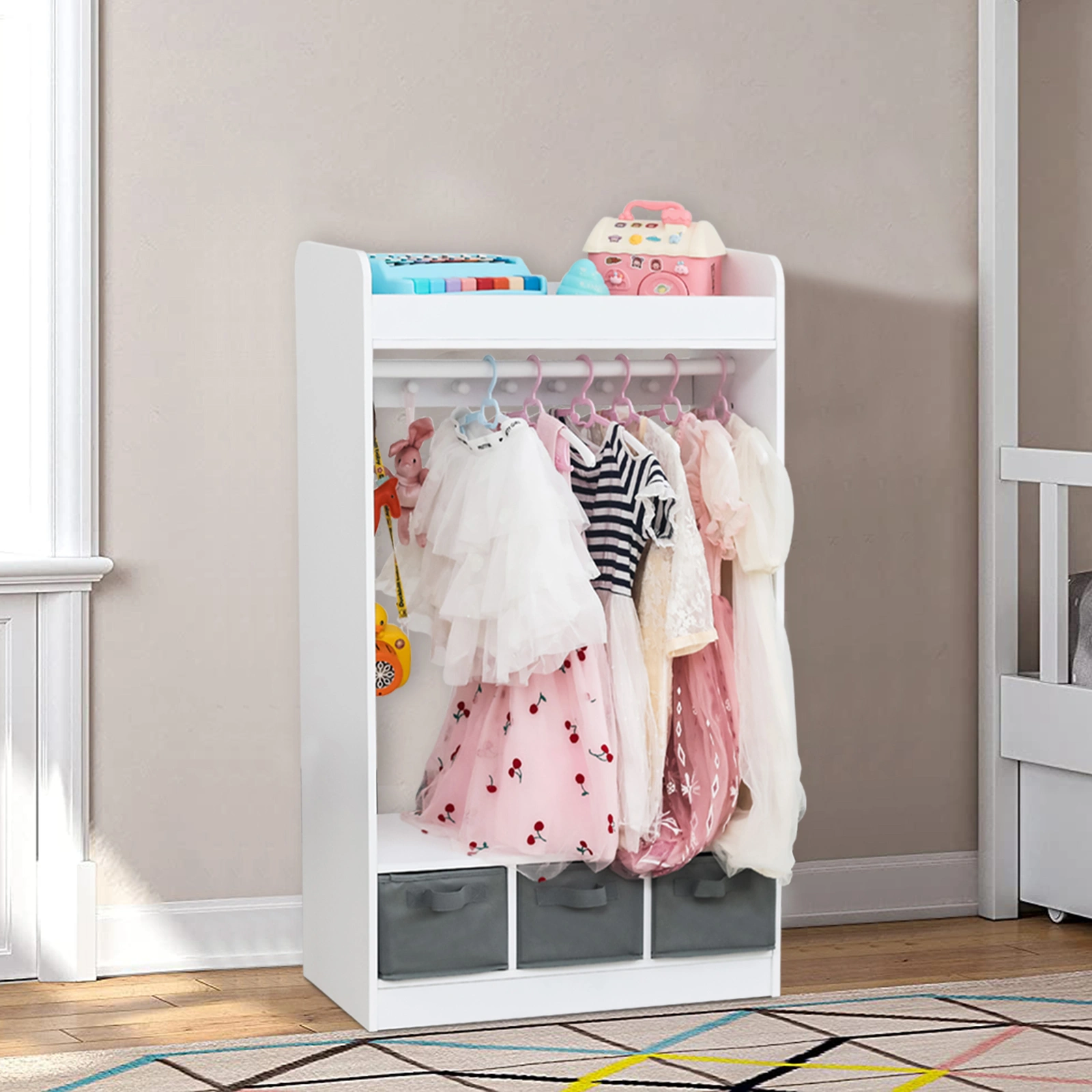 Kids Costume Organizer, Costume Rack, Kids Armoire, Open Hanging Armoire Closet with Mirror-WHITE view 24