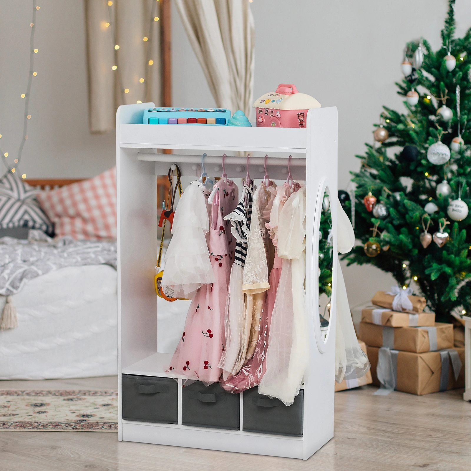 Kids Costume Organizer, Costume Rack, Kids Armoire, Open Hanging Armoire Closet with Mirror-WHITE view 27