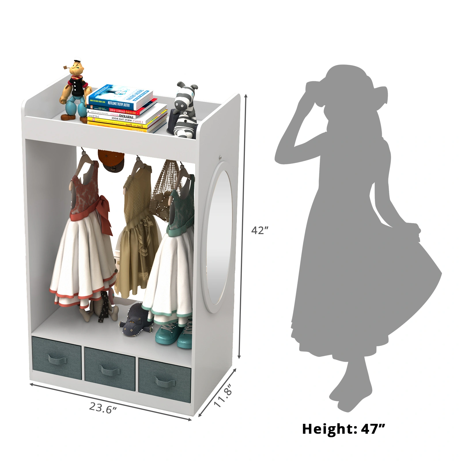 Kids Costume Organizer, Costume Rack, Kids Armoire, Open Hanging Armoire Closet with Mirror-WHITE view 7