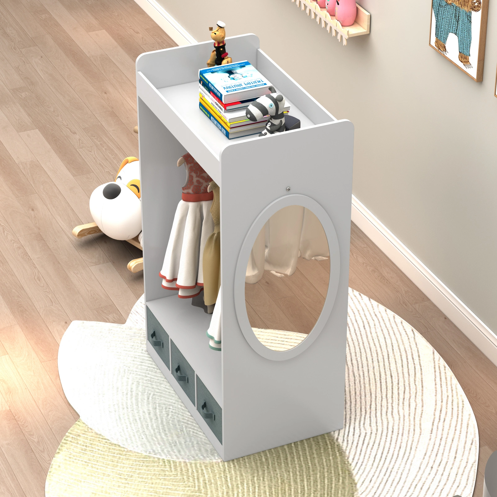 Kids Costume Organizer, Costume Rack, Kids Armoire, Open Hanging Armoire Closet with Mirror-WHITE view 8
