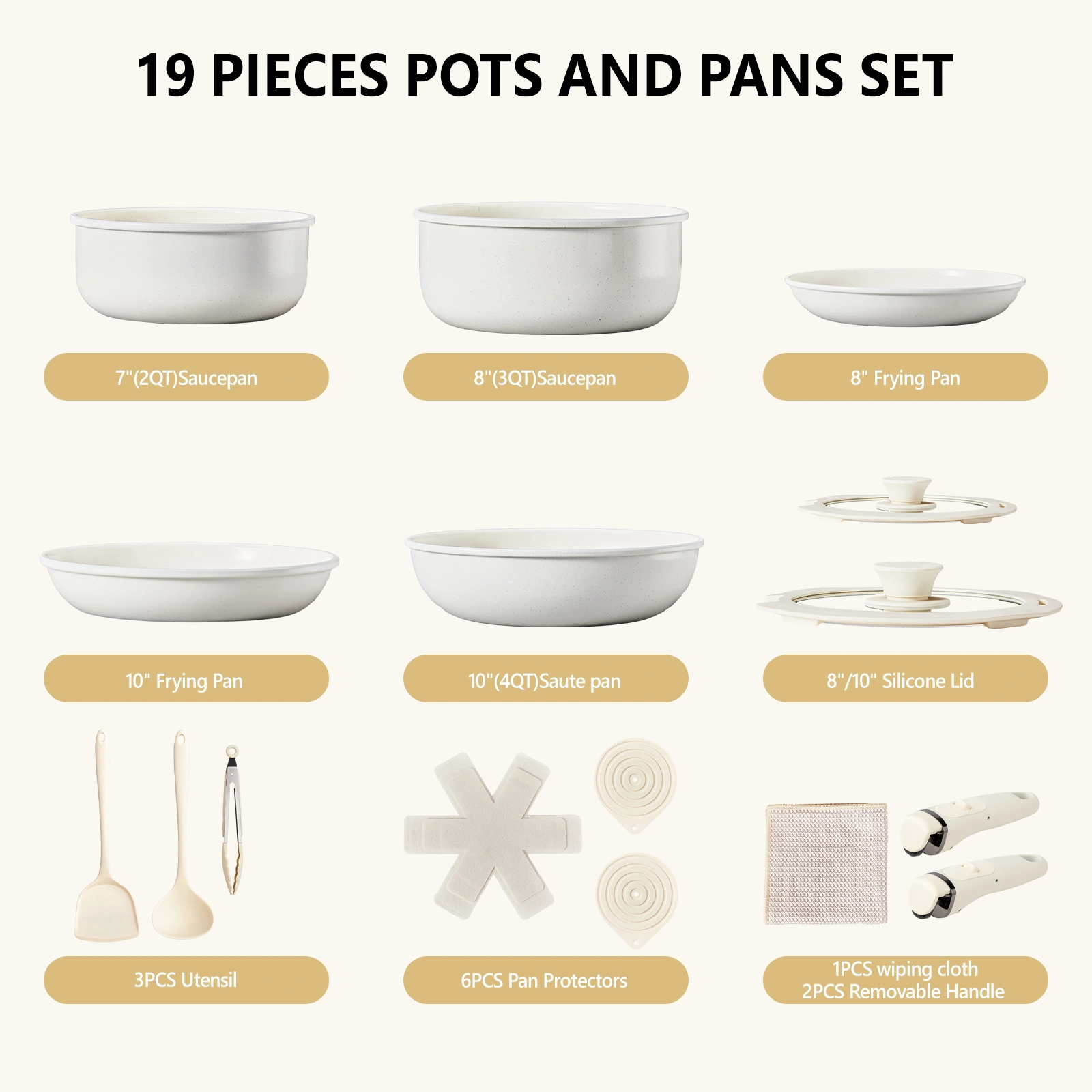 19-Piece Cookware Set, 5 Pots and 2 Lids, Removable Handles, Non-Stick Aluminum Pots and Pans, Microwave & Oven Safe, Dishwasher Safe, Cream White view 10