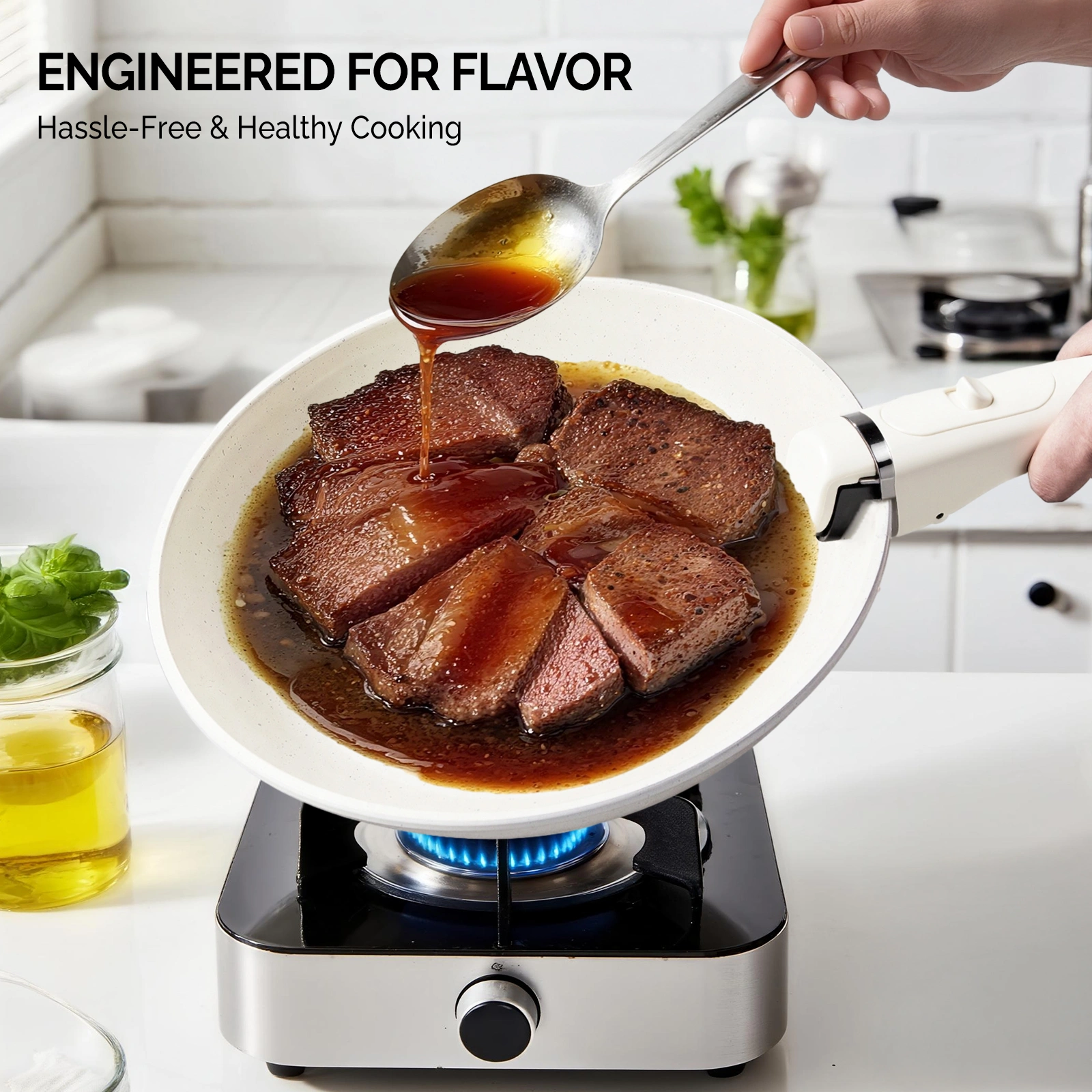 19-Piece Cookware Set, 5 Pots and 2 Lids, Removable Handles, Non-Stick Aluminum Pots and Pans, Microwave & Oven Safe, Dishwasher Safe, Cream White view 11