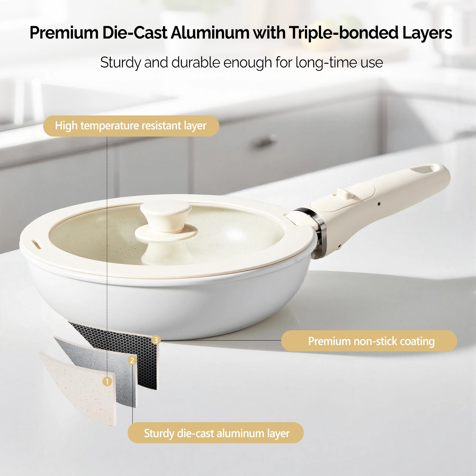 19-Piece Cookware Set, 5 Pots and 2 Lids, Removable Handles, Non-Stick Aluminum Pots and Pans, Microwave & Oven Safe, Dishwasher Safe, Cream White view 12