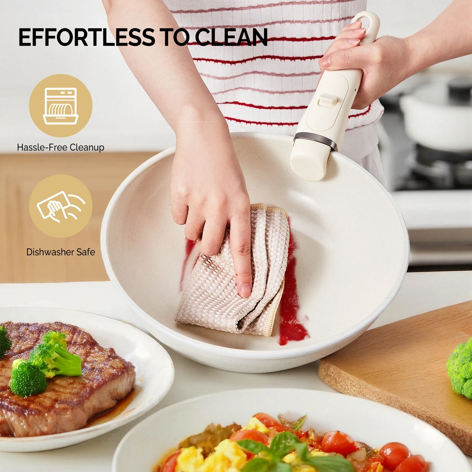 19-Piece Cookware Set, 5 Pots and 2 Lids, Removable Handles, Non-Stick Aluminum Pots and Pans, Microwave & Oven Safe, Dishwasher Safe, Cream White view 13
