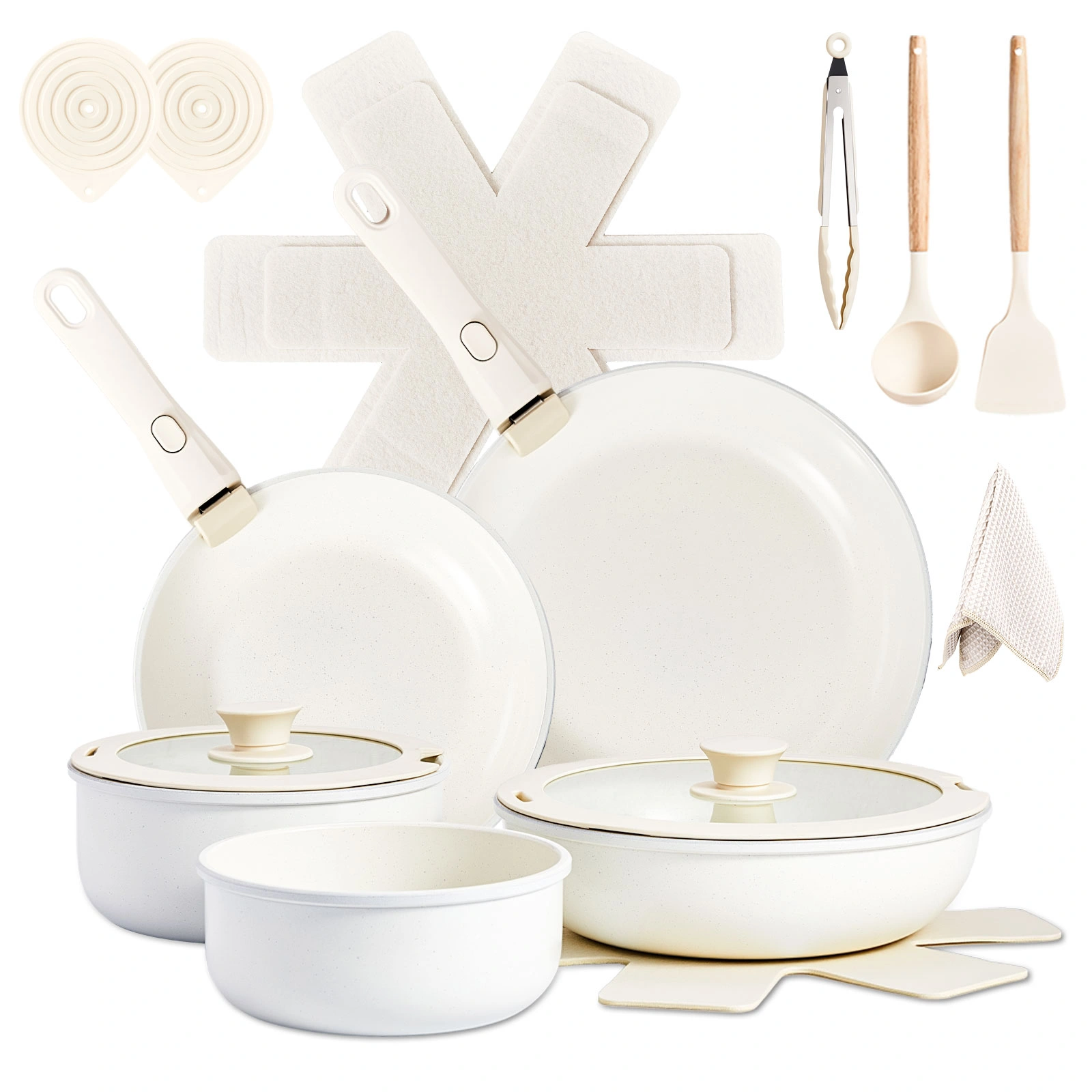 19-Piece Cookware Set, 5 Pots and 2 Lids, Removable Handles, Non-Stick Aluminum Pots and Pans, Microwave & Oven Safe, Dishwasher Safe, Cream White view 4