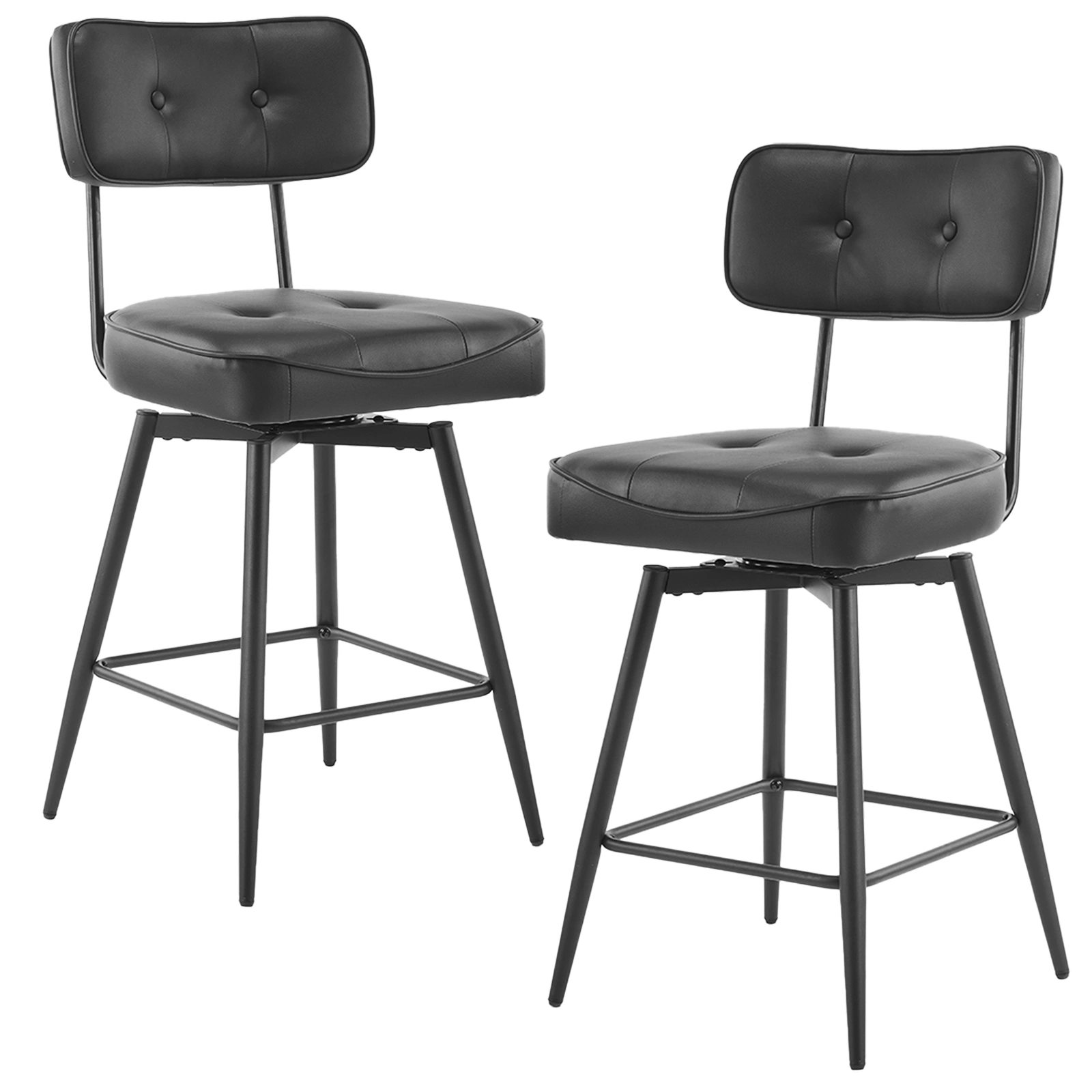 2 Pcs Black PU Swivel Bar Stools, Button-Tufted Backrest, Metal Frame, Modern Counter Height Stools for Kitchen/Bar/Dining