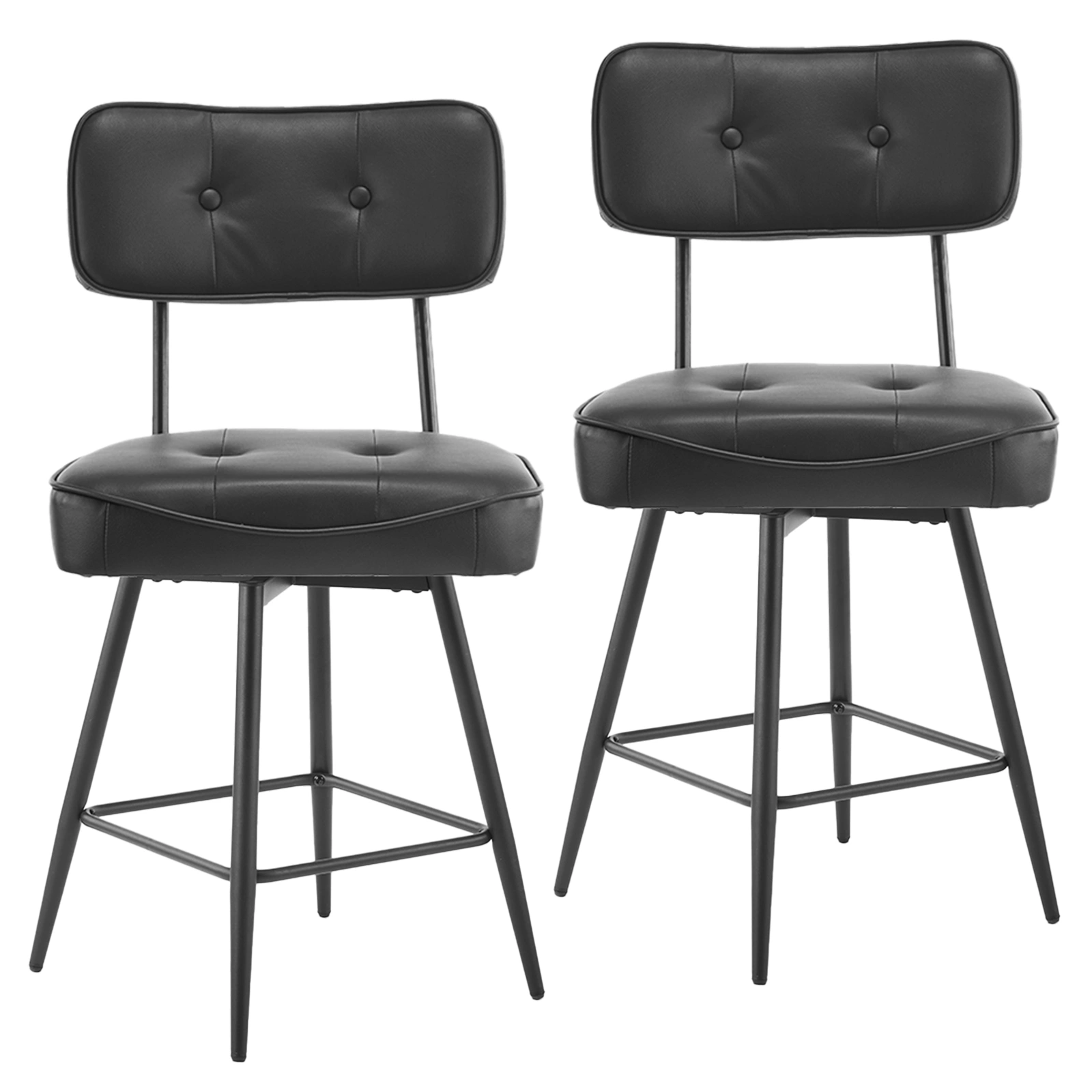 2 Pcs Black PU Swivel Bar Stools, Button-Tufted Backrest, Metal Frame, Modern Counter Height Stools for Kitchen/Bar/Dining view 2