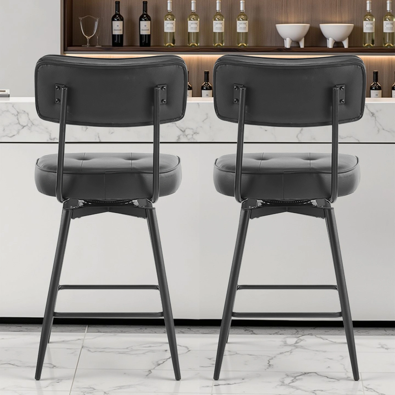 2 Pcs Black PU Swivel Bar Stools, Button-Tufted Backrest, Metal Frame, Modern Counter Height Stools for Kitchen/Bar/Dining view 4