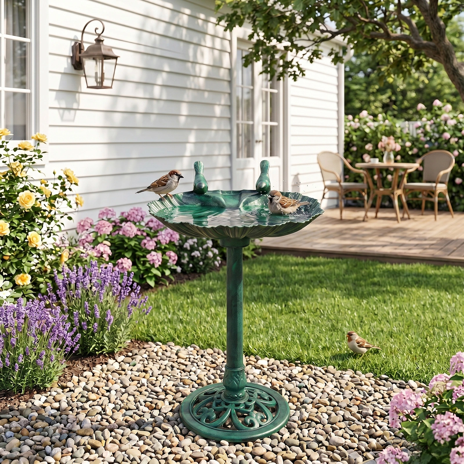 50*36*81cm Dark Green Resin Bird Bath With Shell Edge & 1.4W Solar Fountain view 9