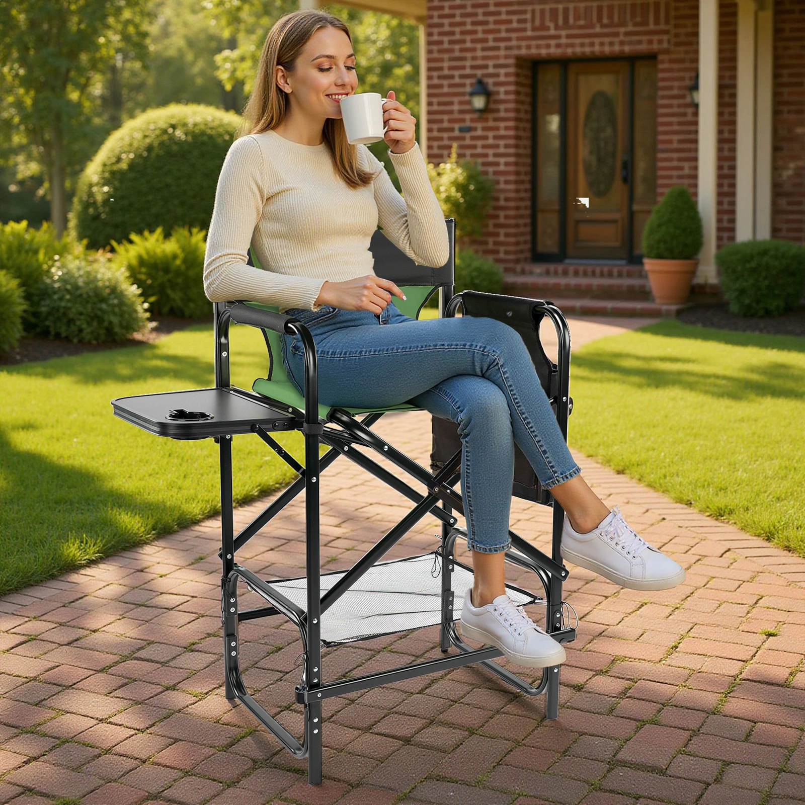 31" Tall Directors Chair with Footrest, 4Portable Bar Height Folding Camping Chair with Built-in Cup Holder, Side Table, Storage Pocket, Olive view 11
