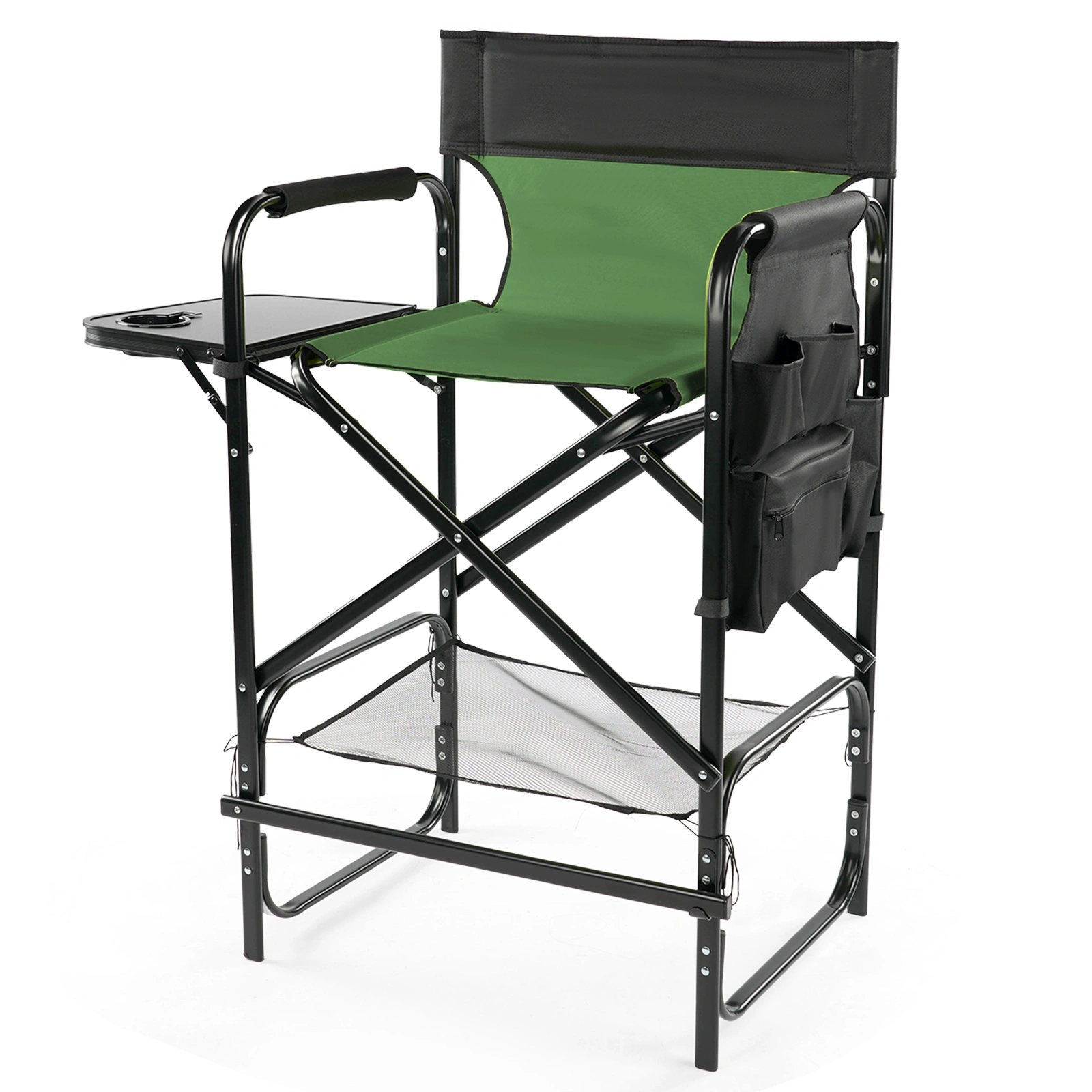 31" Tall Directors Chair with Footrest, 4Portable Bar Height Folding Camping Chair with Built-in Cup Holder, Side Table, Storage Pocket, Olive view 3