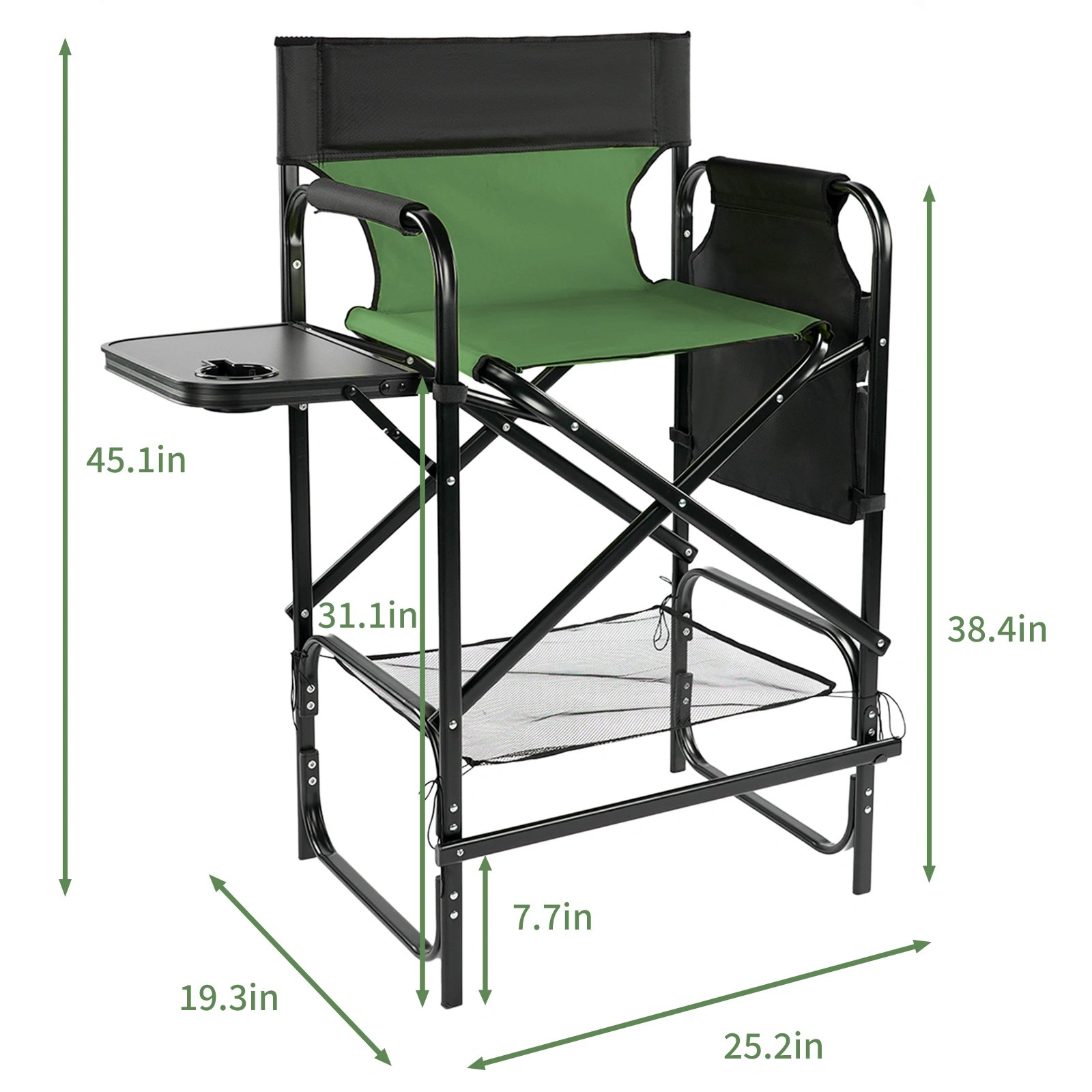 31" Tall Directors Chair with Footrest, 4Portable Bar Height Folding Camping Chair with Built-in Cup Holder, Side Table, Storage Pocket, Olive view 4