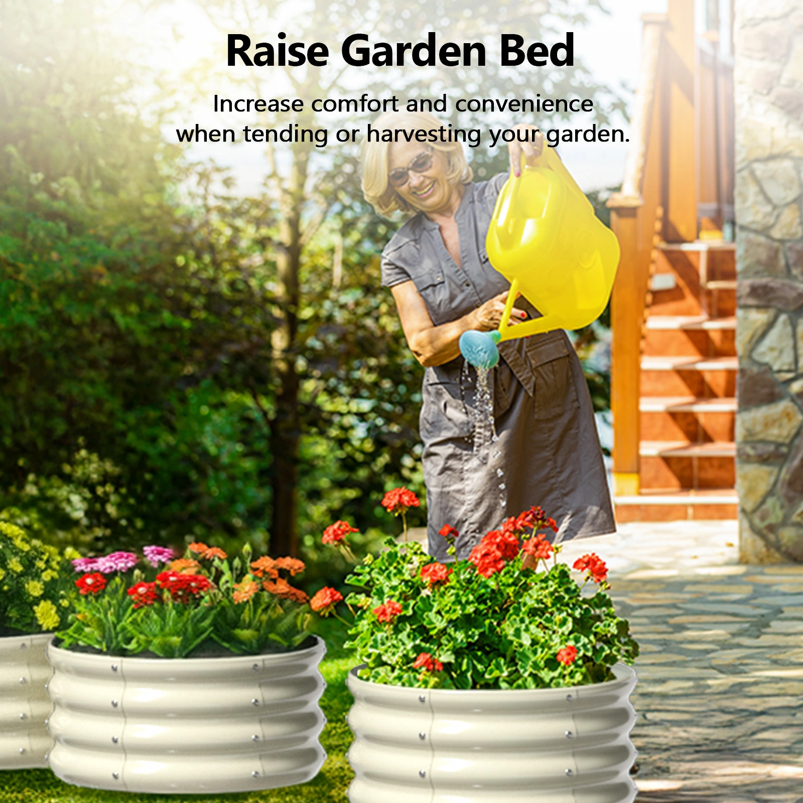 2 Pcs 2×2×1ft Raised Garden Bed, Round Galvanized Outdoor Planter Box, Metal Garden Bed for Planting Vegetables Fruits Flowers, White view 13