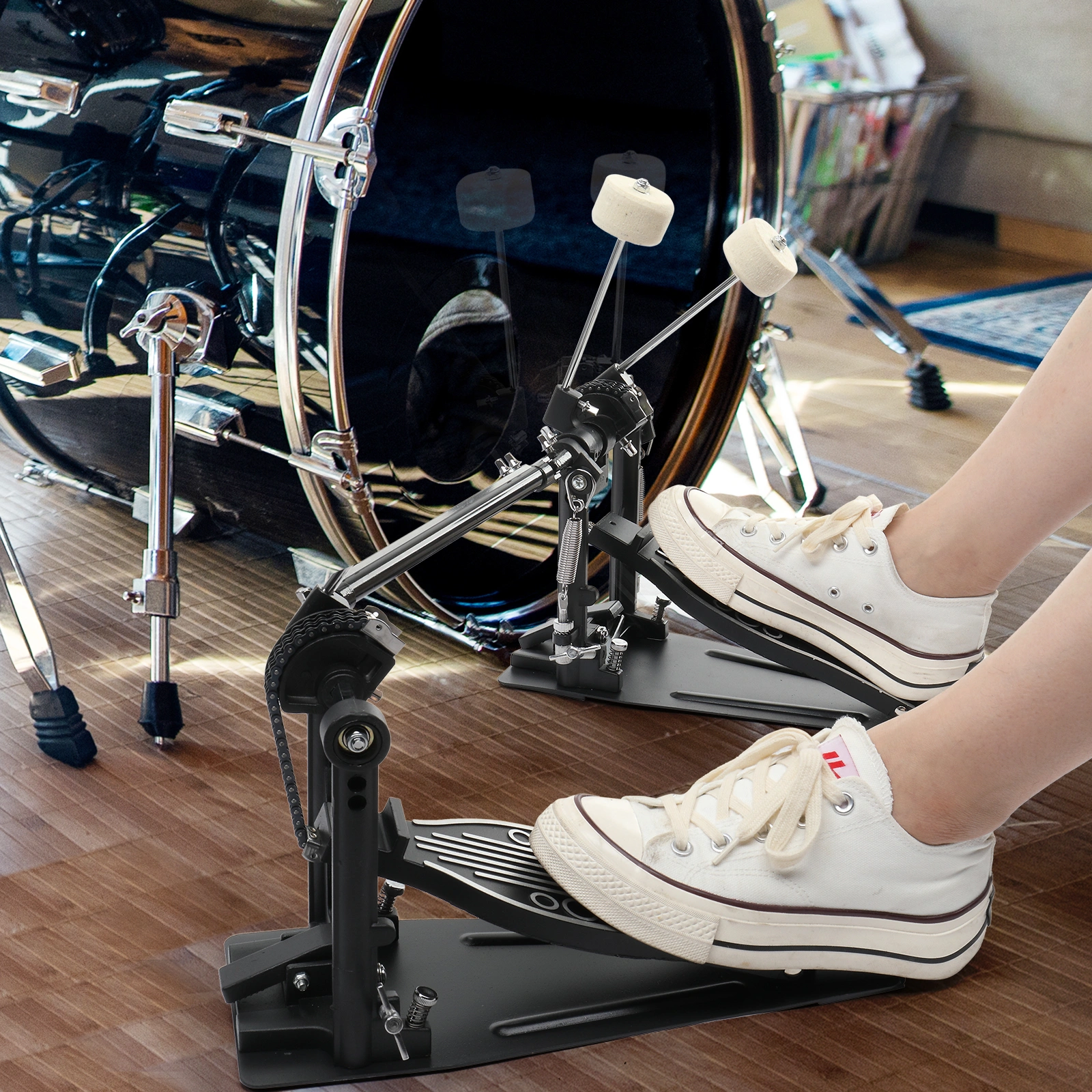 Wool Felt Hammer Double Drum Pedal Professional Double Bass Drum Pedal Black view 7